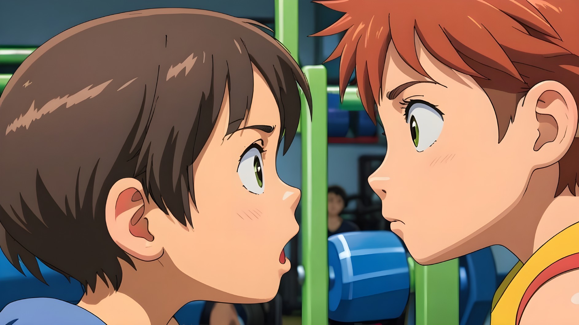 Intense Standoff Between Two Characters in Gym Setting