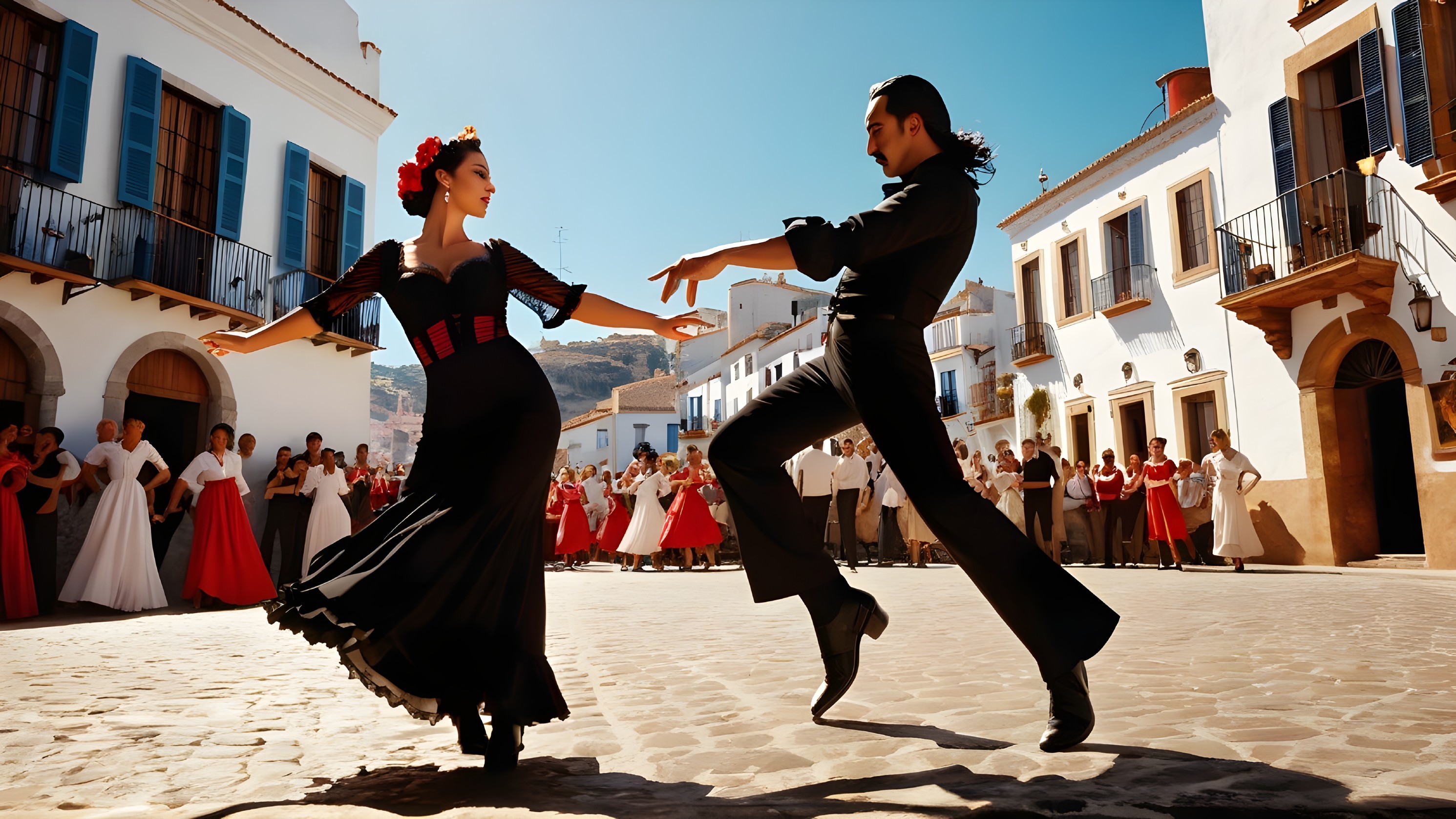 Couple Dances in Traditional Attire at Sunlit Plaza