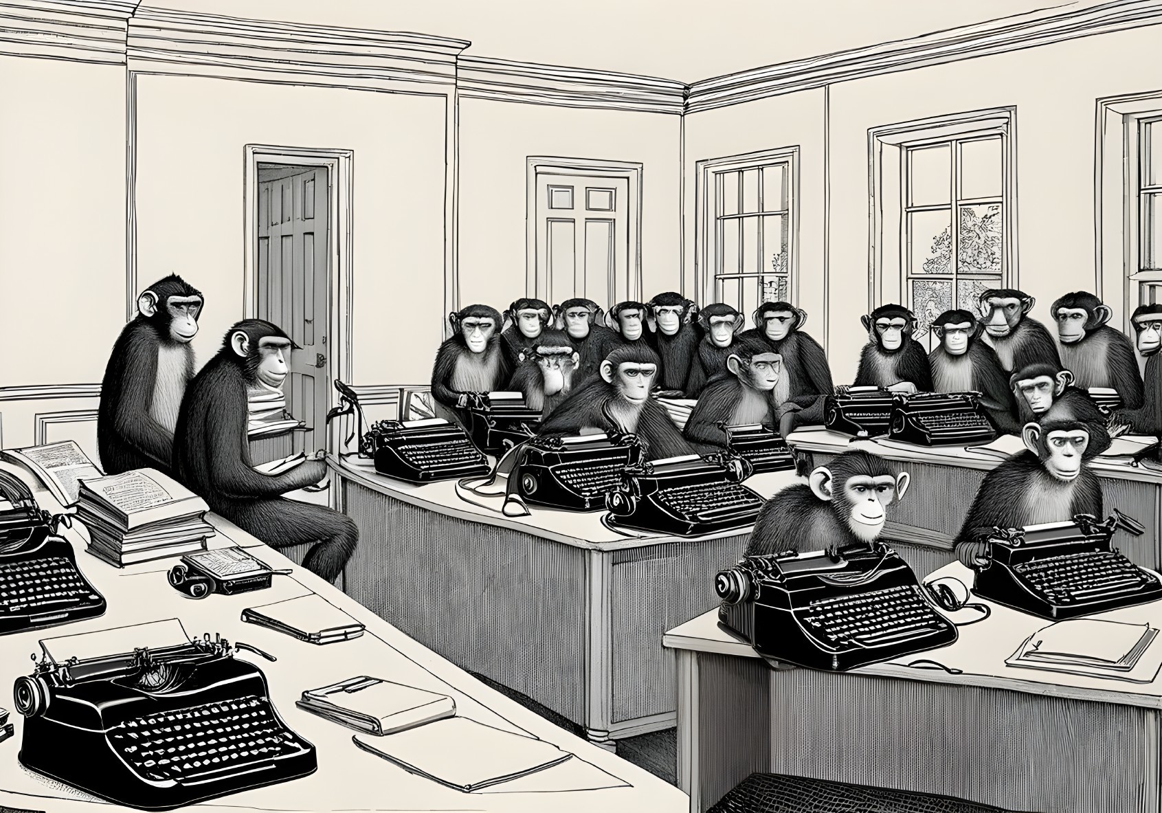 Monkeys Typing at Desks in a Classroom Setting