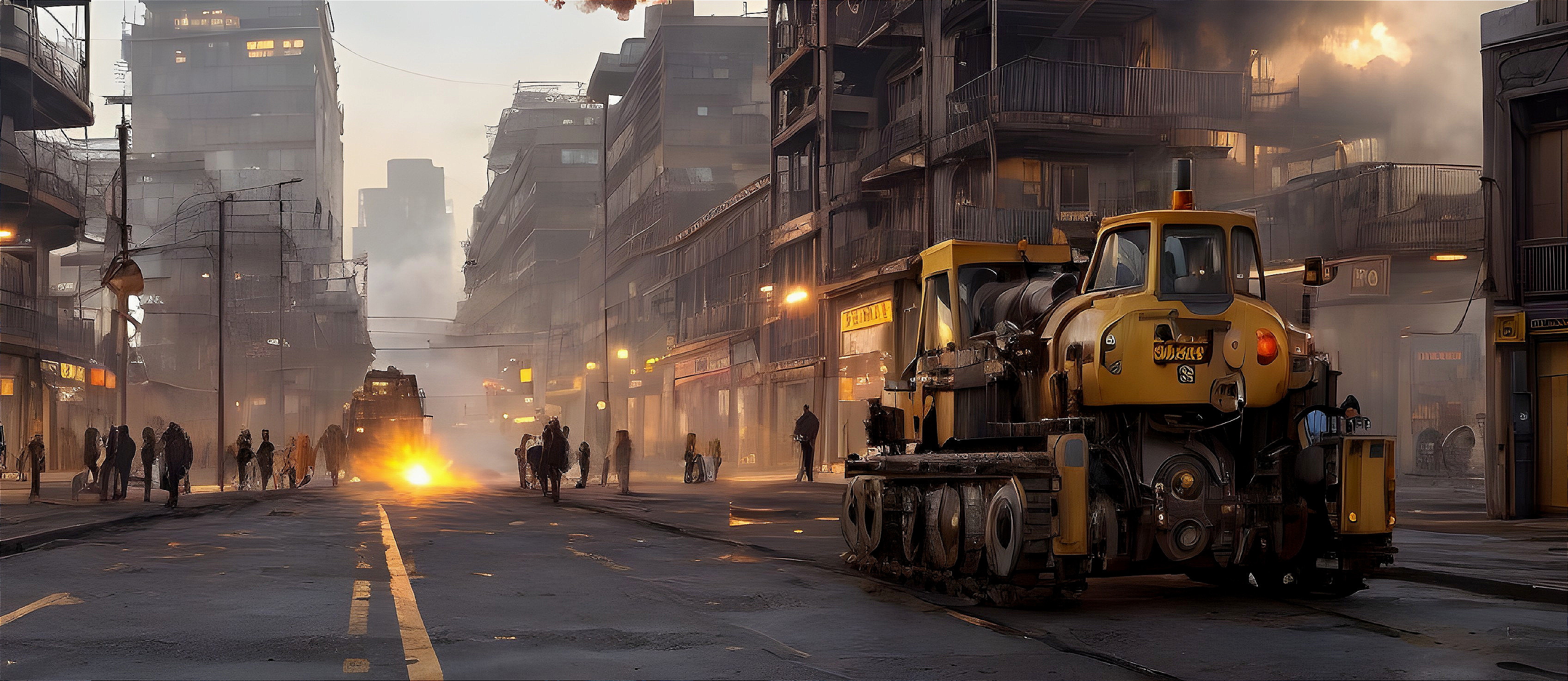 Dystopian City Street Scene with Smoke and Chaos