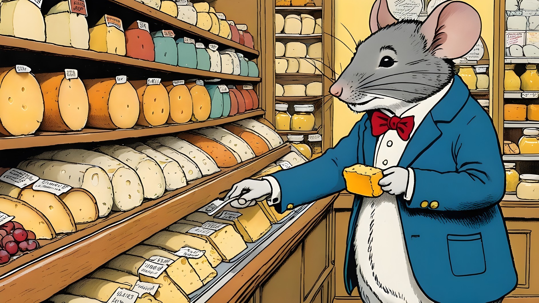 Dapper Mouse in Suit Examines Cheese Selection