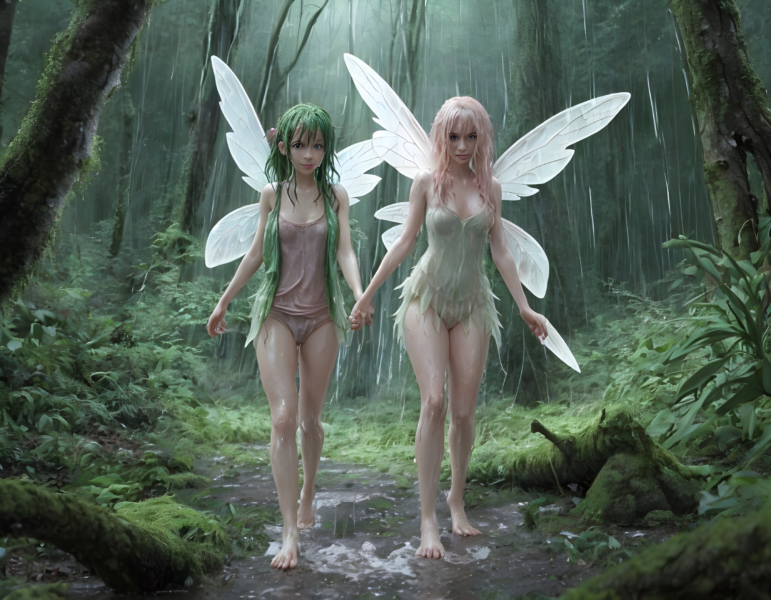 Ethereal Fairies in a Rain-Soaked Forest Setting