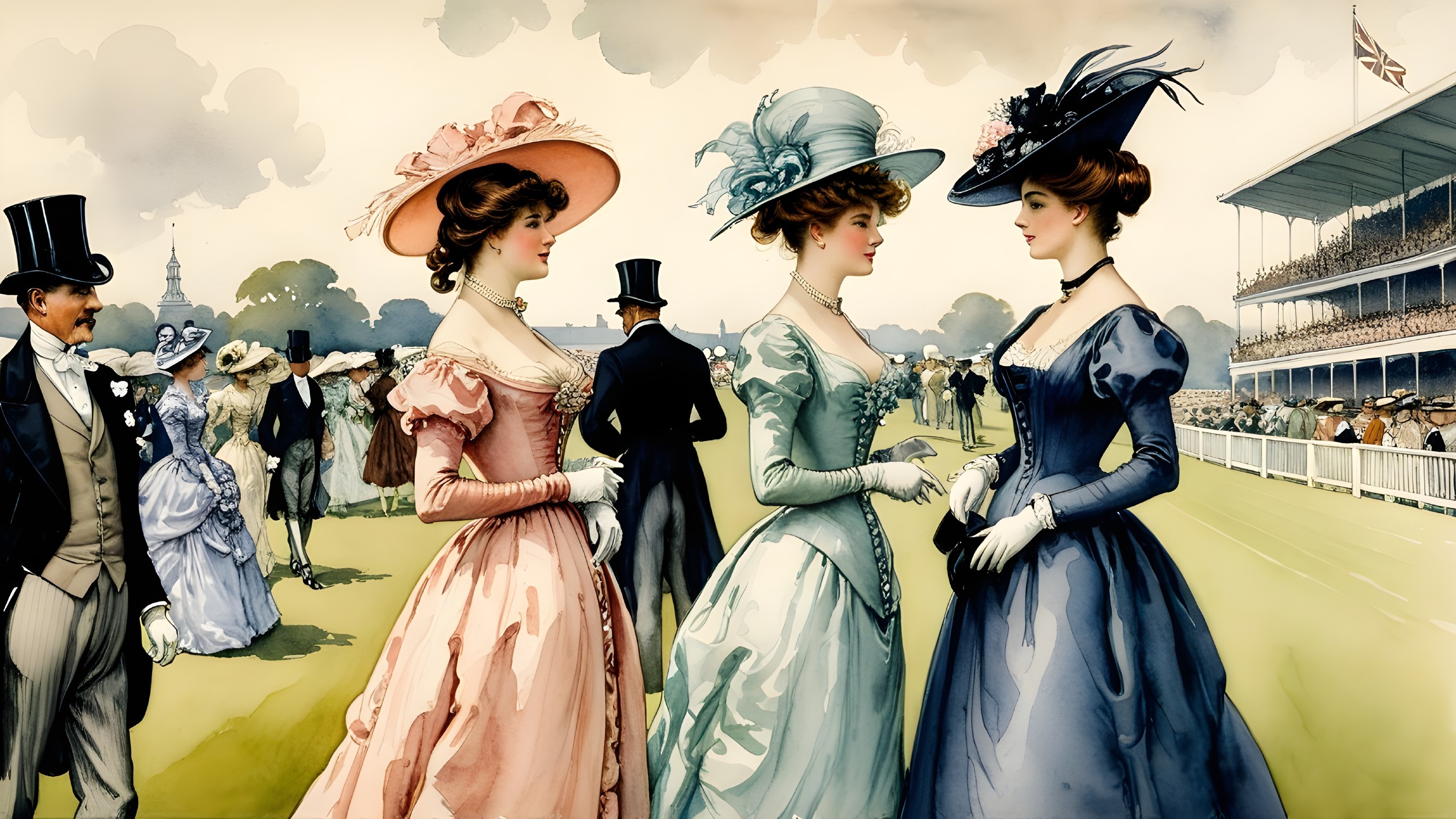 Elegant Women in Pastel Gowns at 19th Century Event