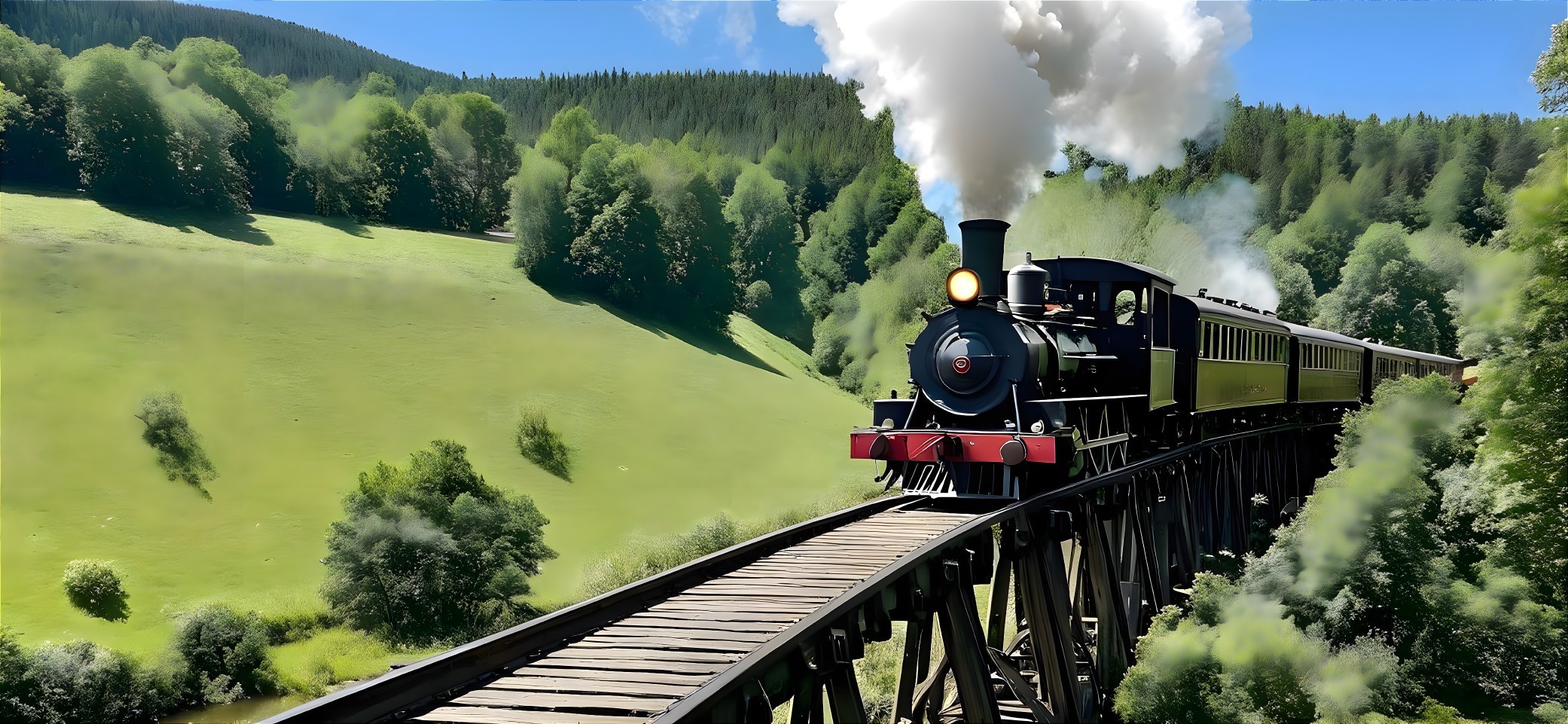 Vintage Steam Locomotive on Trestle Bridge in Nature