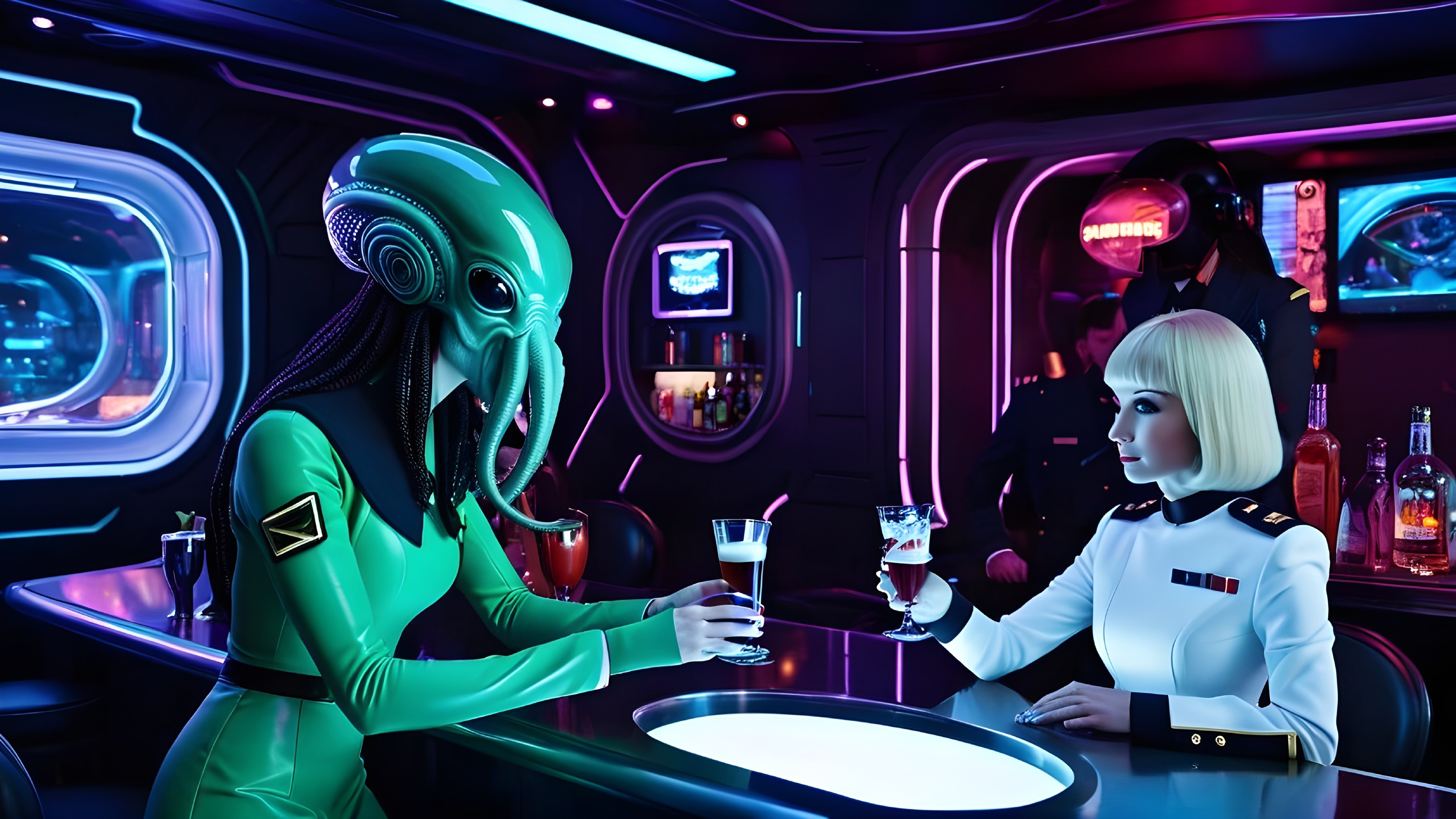 Futuristic Bar Scene with Alien and Human Conversation
