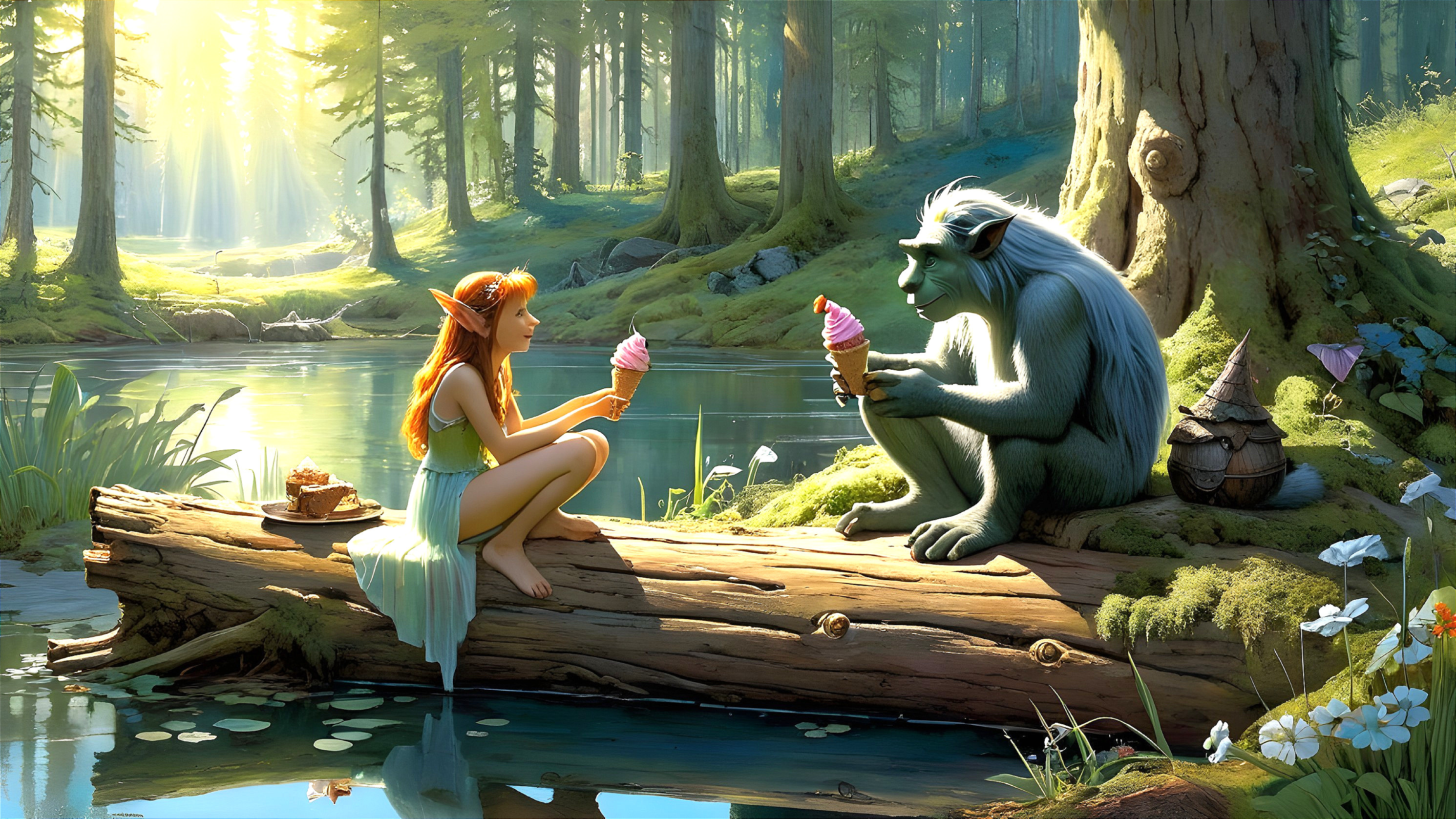 Fairy and Creature Share Ice Cream in Forest Glade