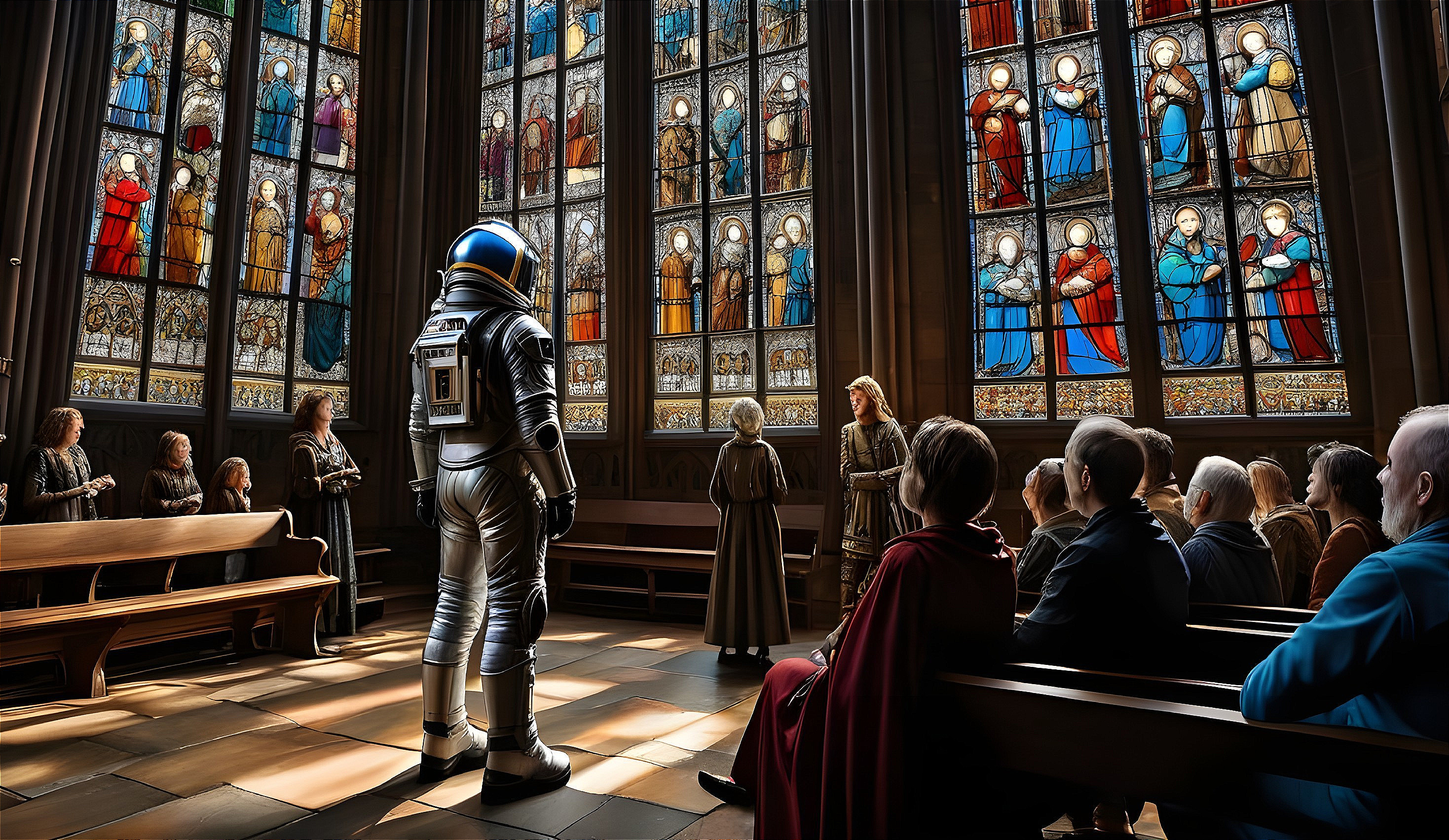 Astronaut in Church Surrounded by Medieval Audience