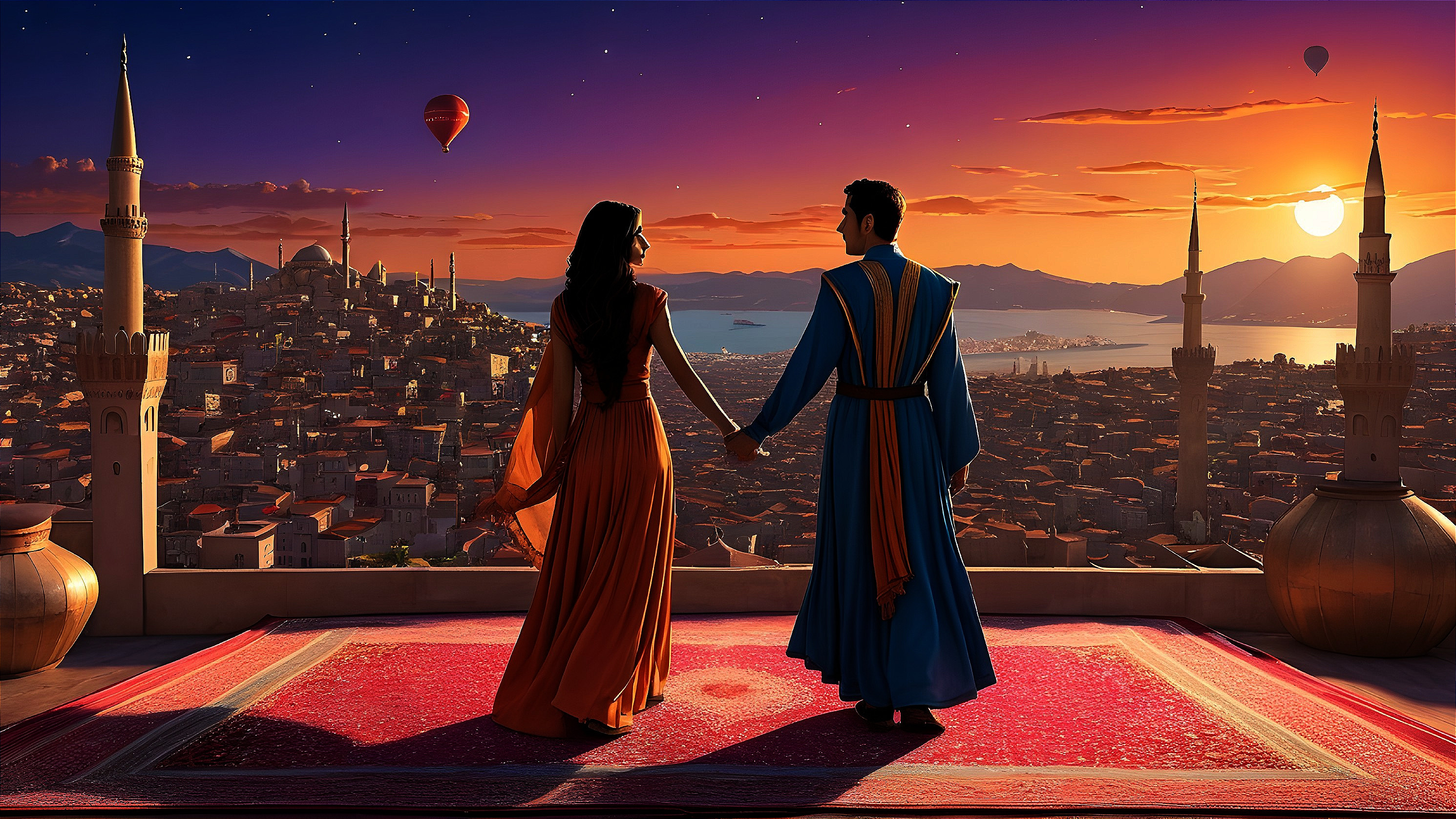 Couple in Historic Attire Overlooks Sunset Cityscape