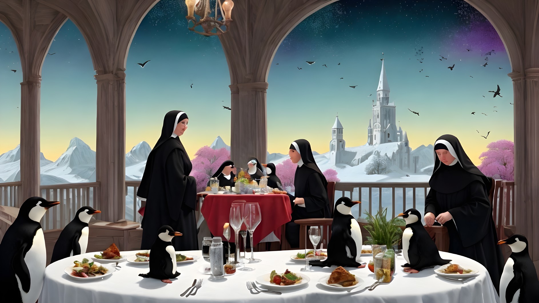 Nuns Dining with Penguins in a Fairytale Setting