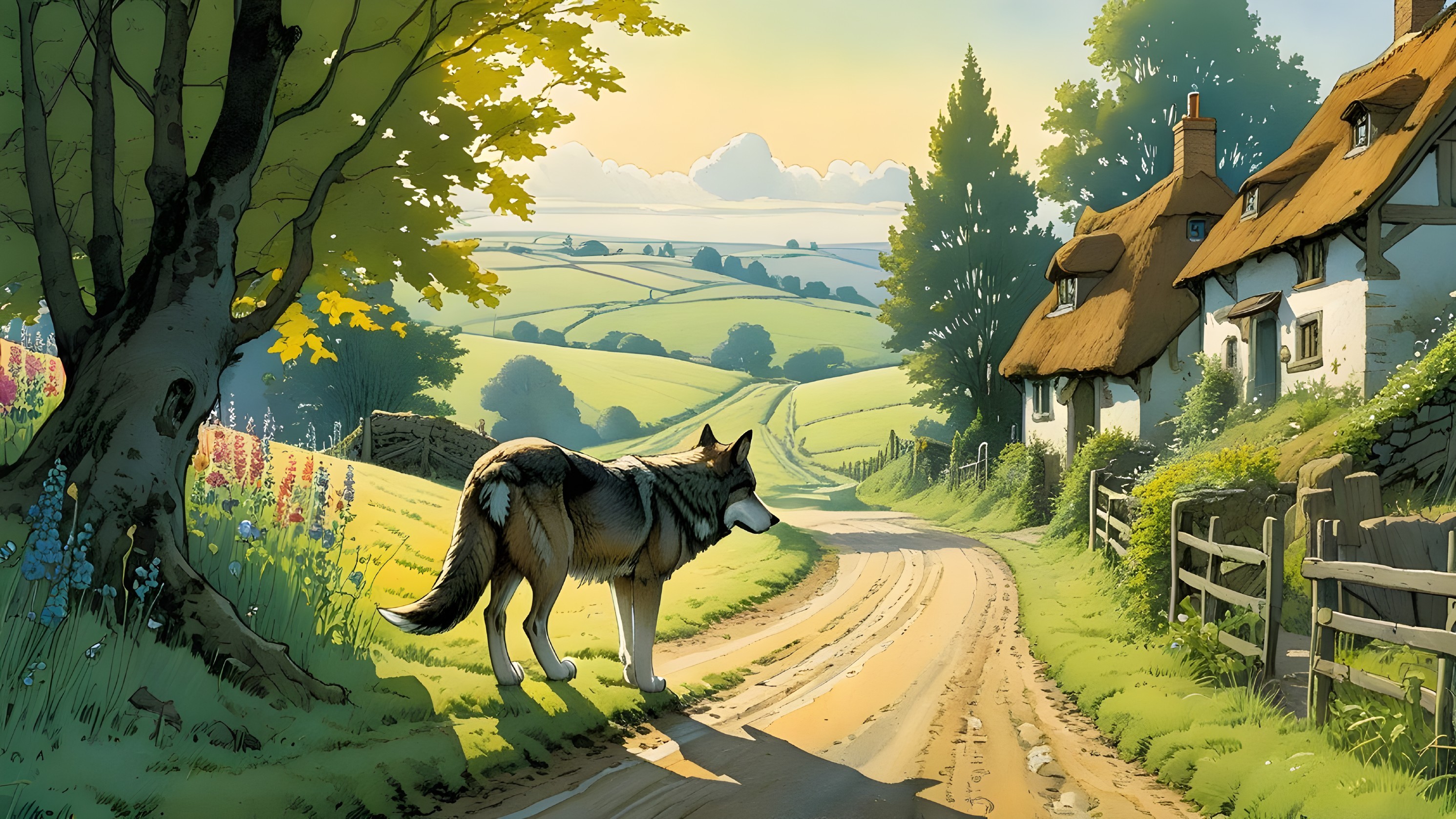 Countryside Scene with Wolf, Cottages, and Hills