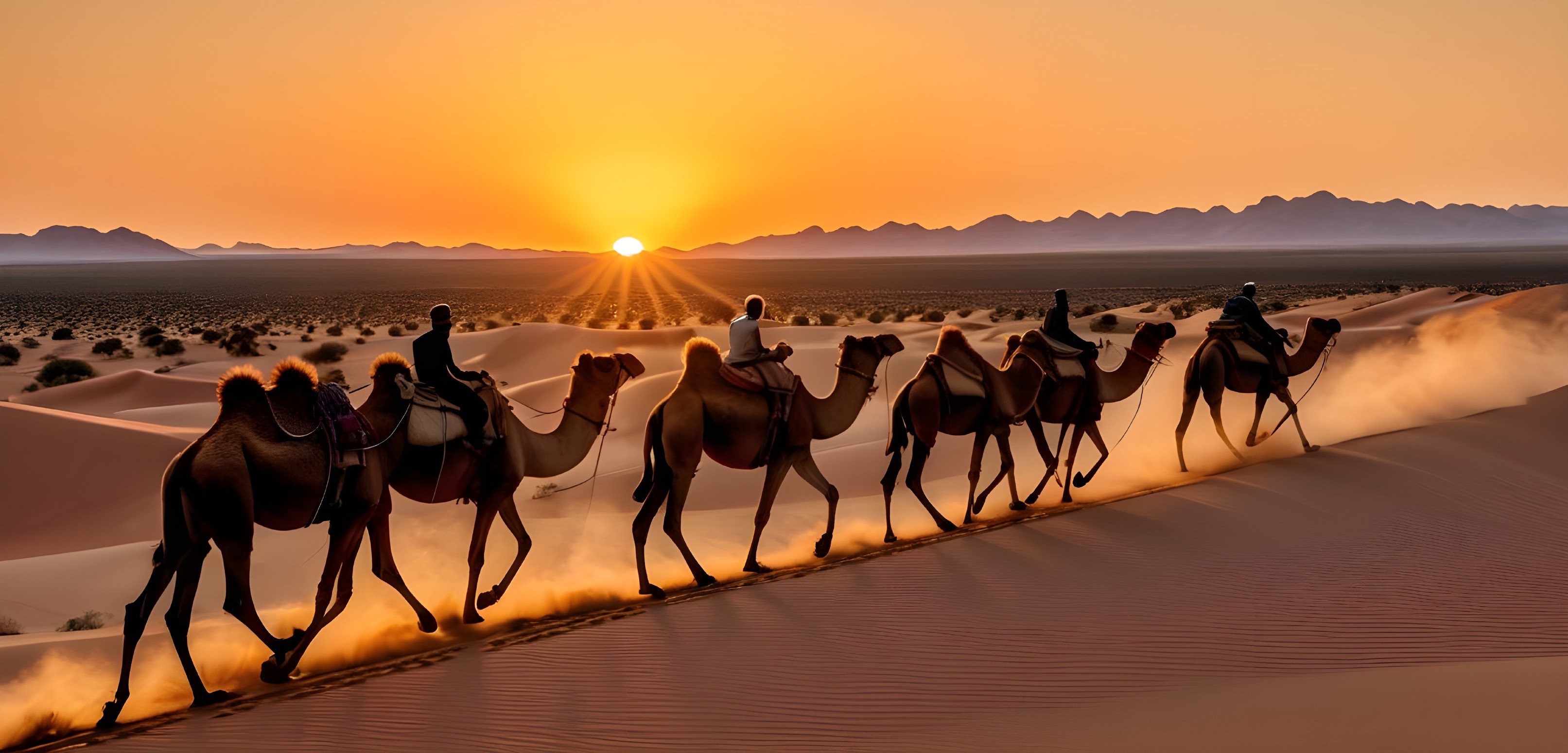 Camels Crossing Sand Dunes at Sunset in Desert Landscape