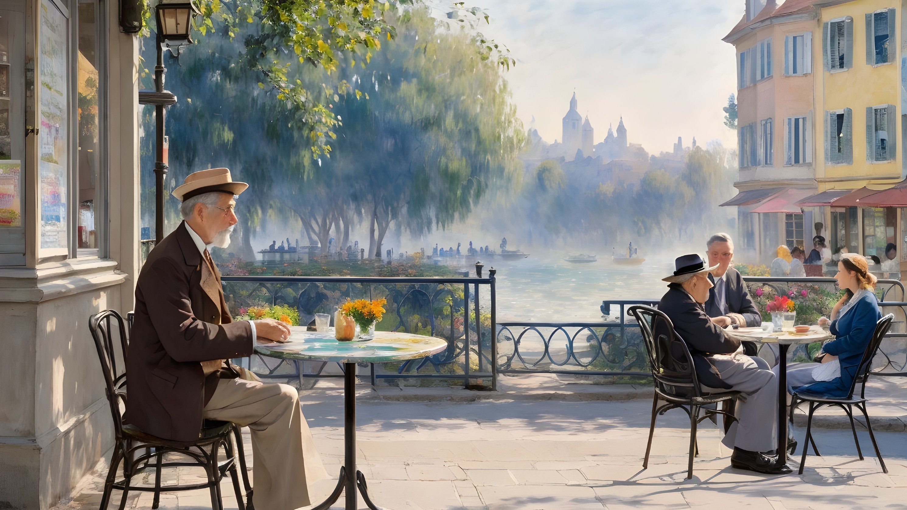 Riverside Café Scene with Patrons and Lush Trees