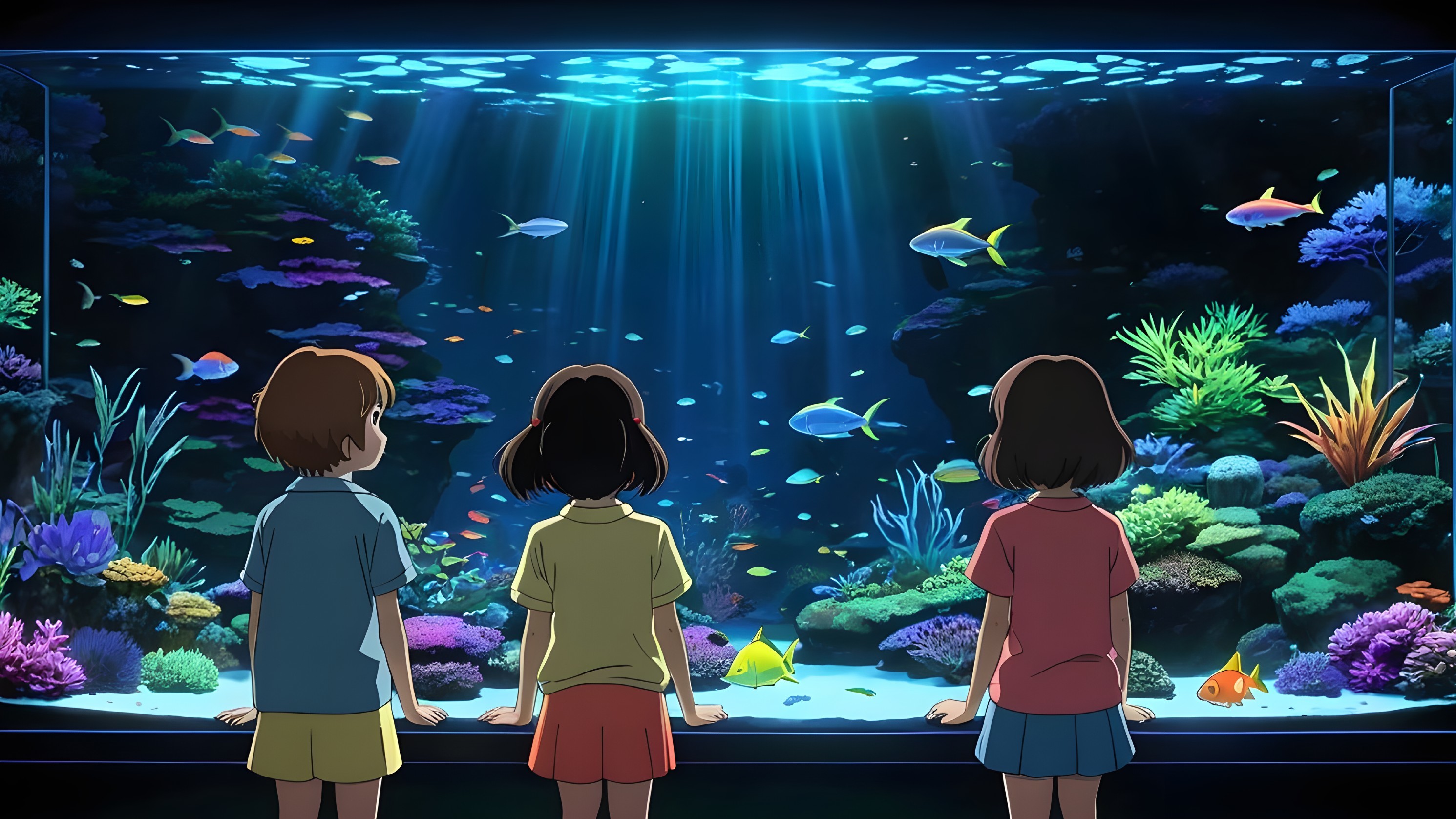 Children Observing Marine Life in Large Aquarium