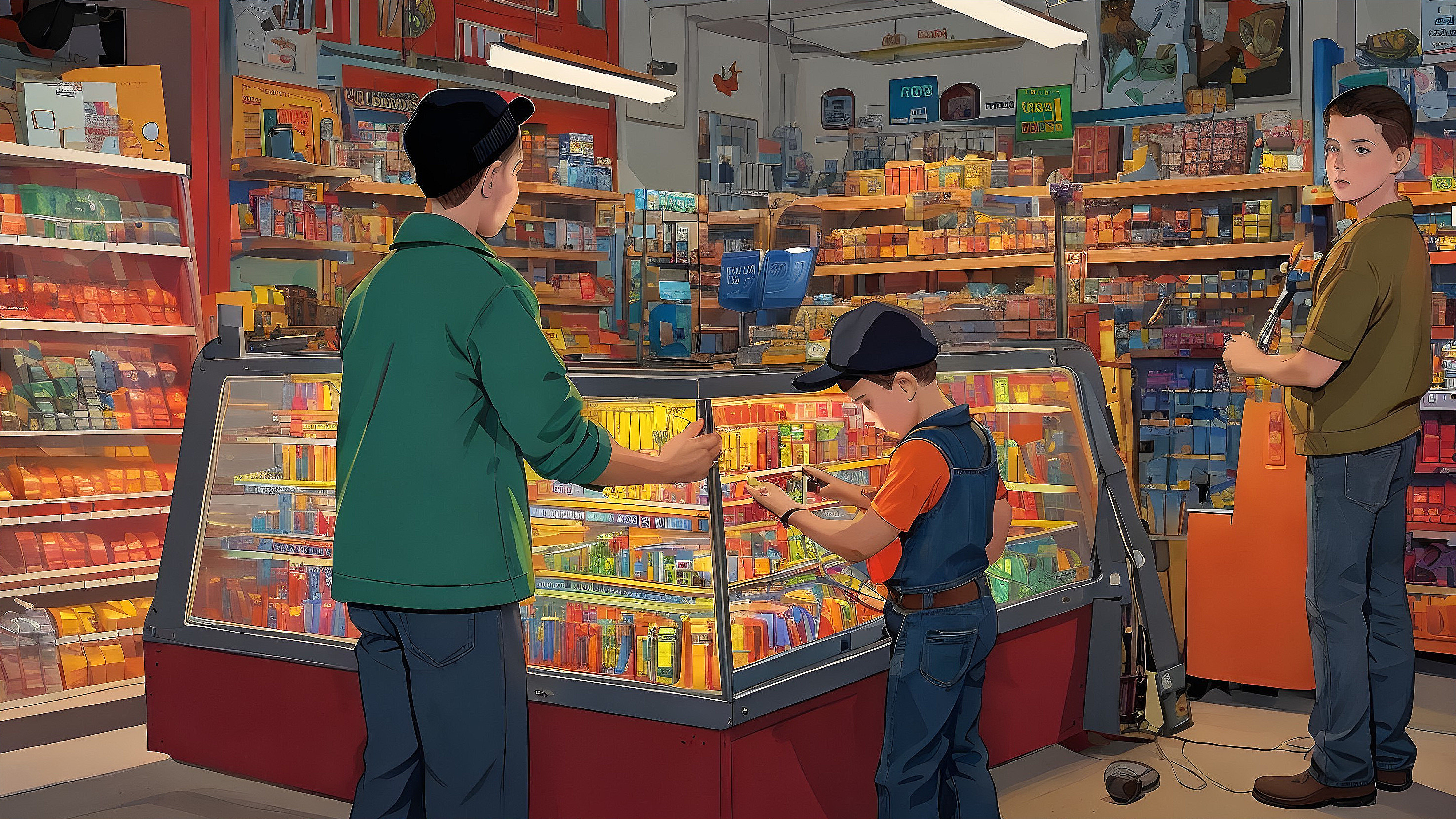 Boys Exploring Colorful Merchandise in Convenience Store