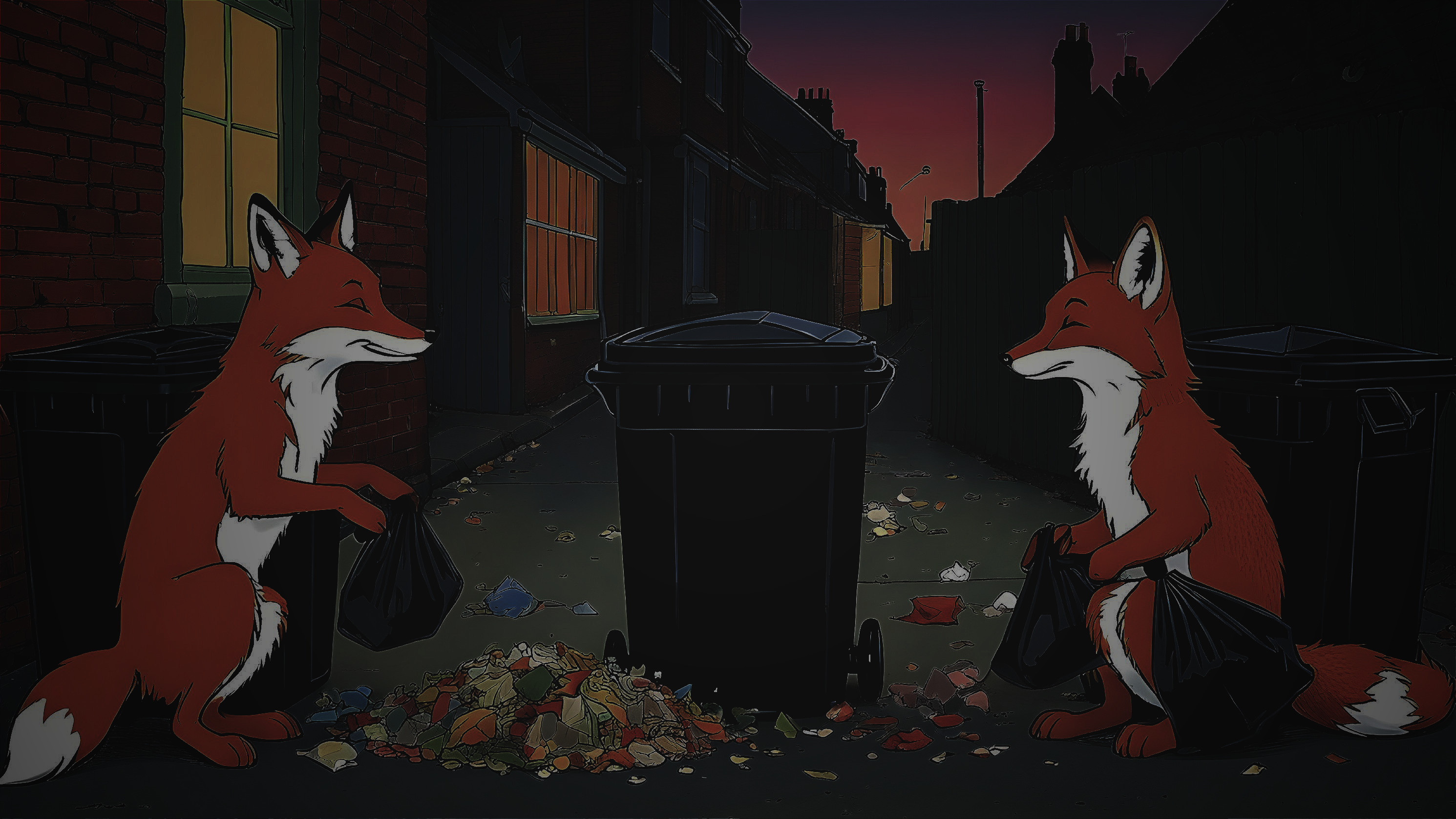 Cartoon foxes rummaging through urban alley litter