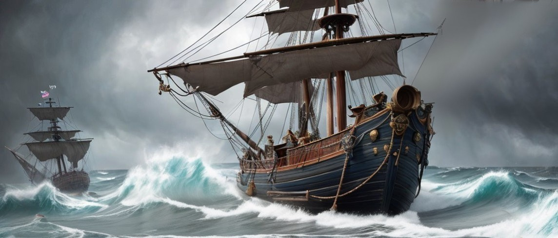 Old Sailing Ship in Stormy Seas with Dark Clouds