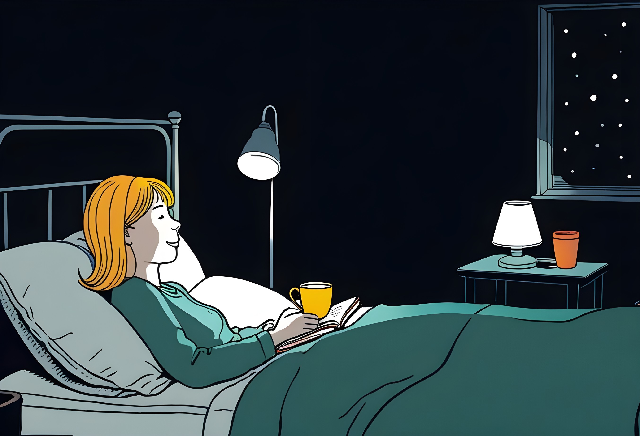 Cozy Bedroom Scene with Woman Reading at Night