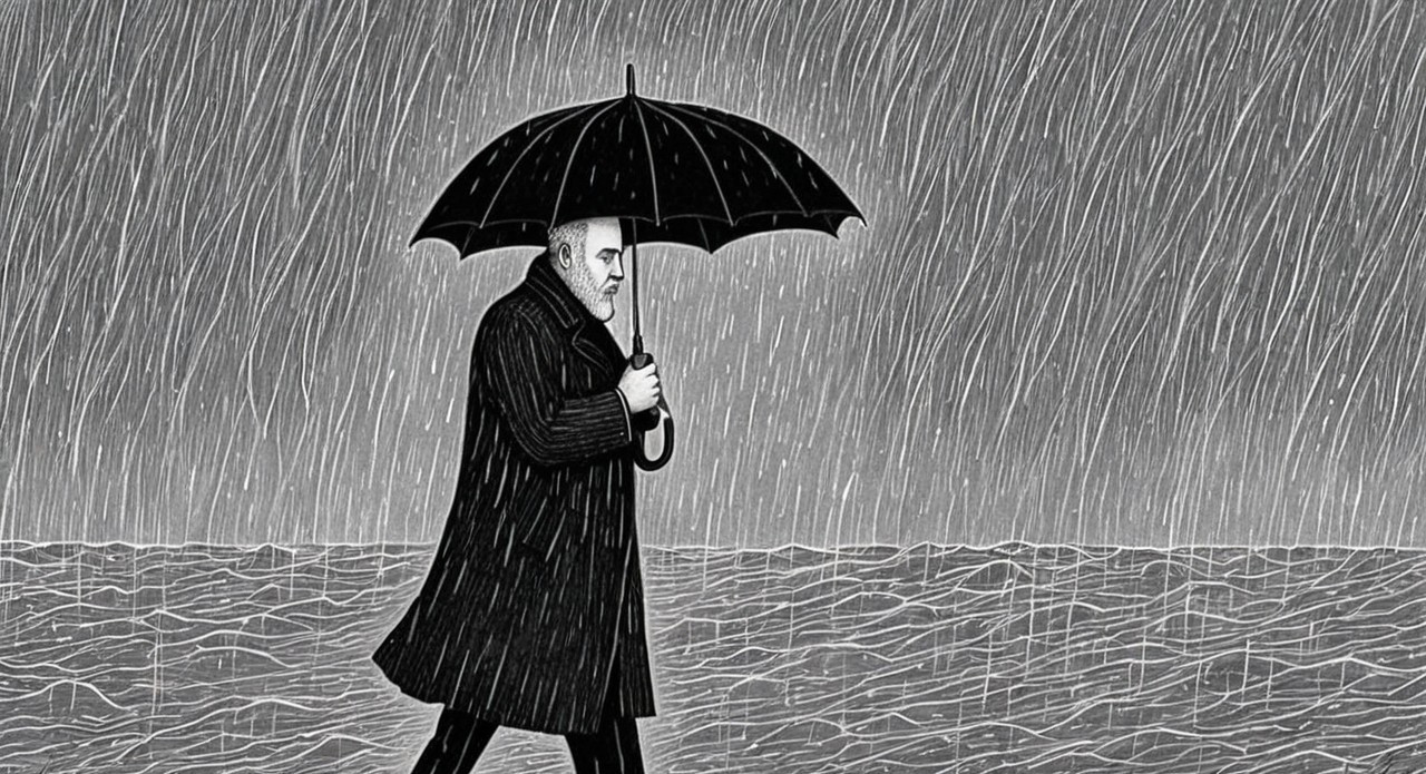 Solitary Figure in Rain with Black Umbrella