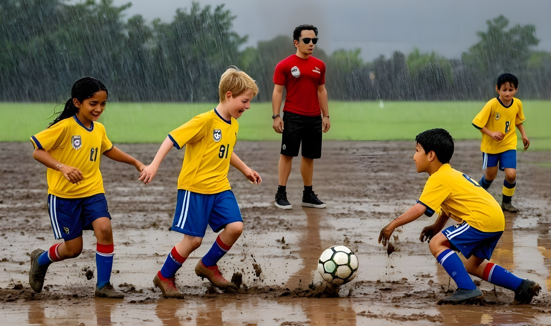 Young Soccer Players Enjoying Rainy Game in Muddy Field