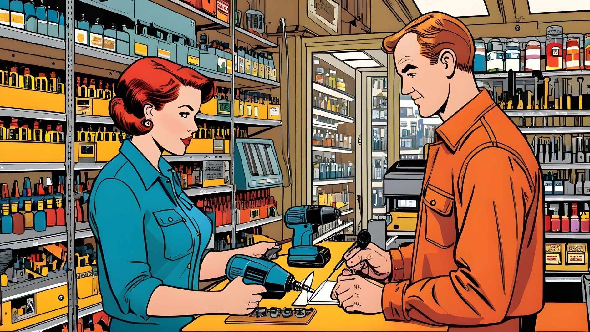 Woman Demonstrating Drill in Hardware Store Setting