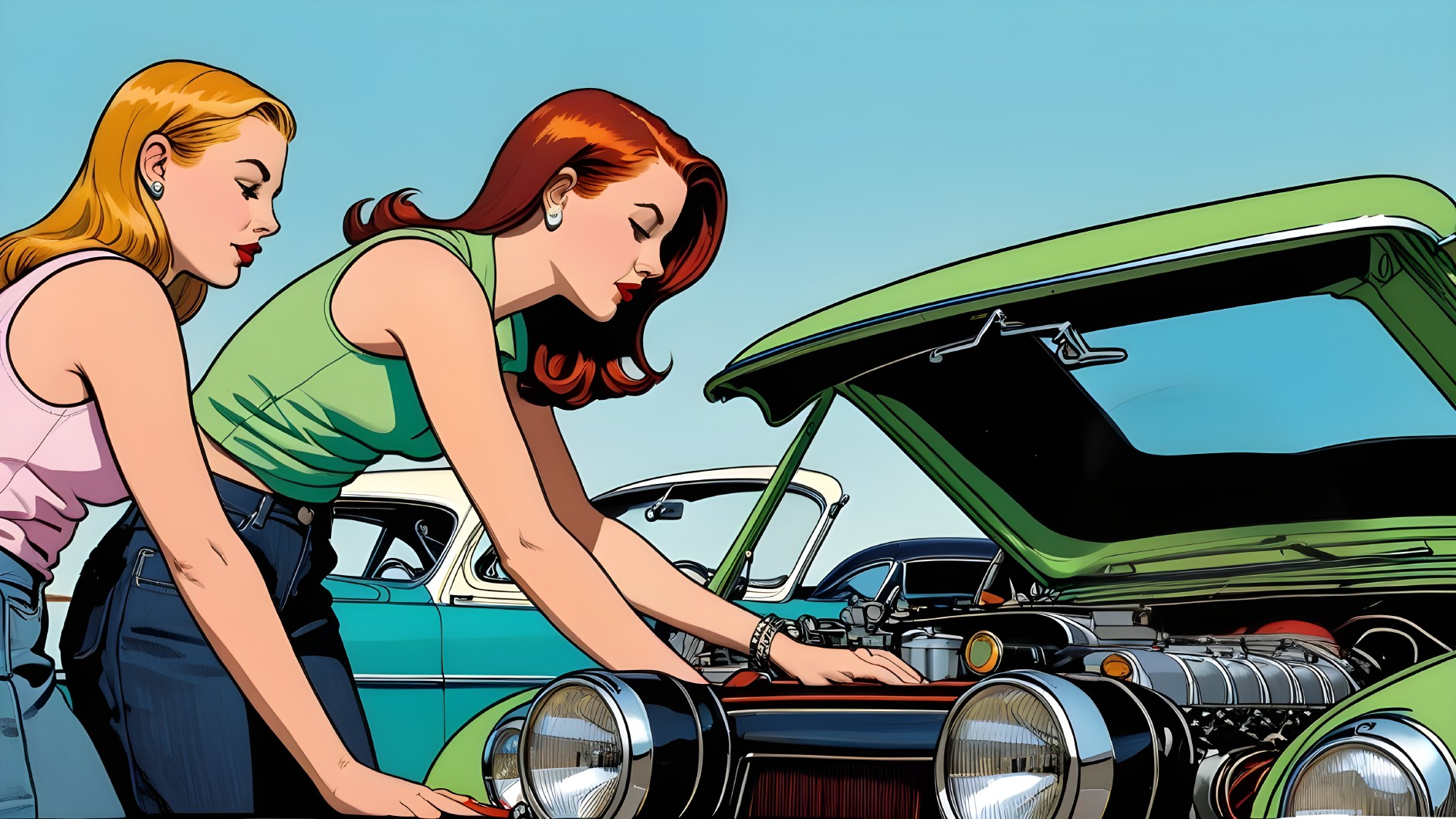 Women Inspecting Engine of Vintage Car with Classic Cars