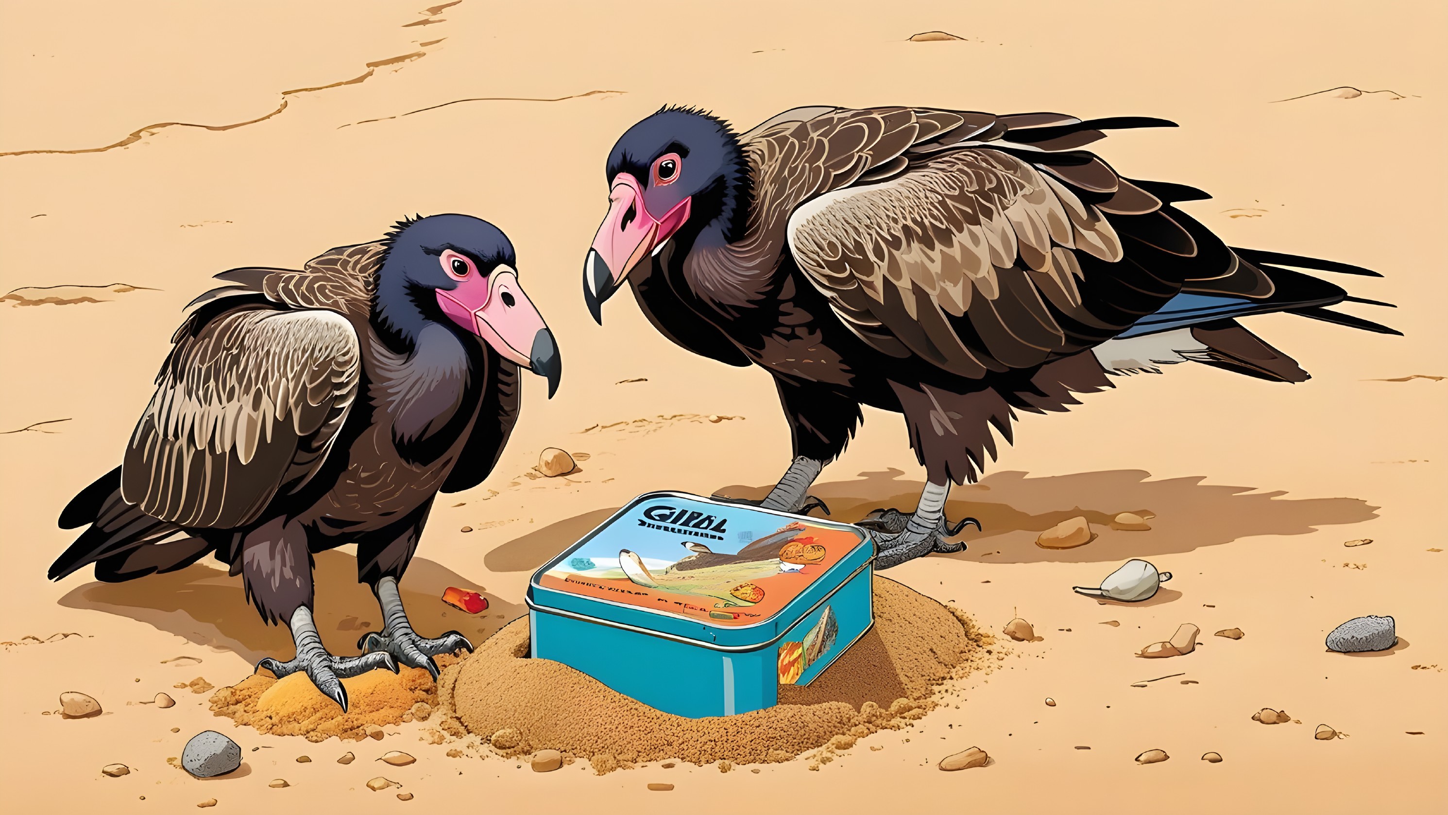 Cartoon Vultures by Colorful Lunchbox in Desert Setting