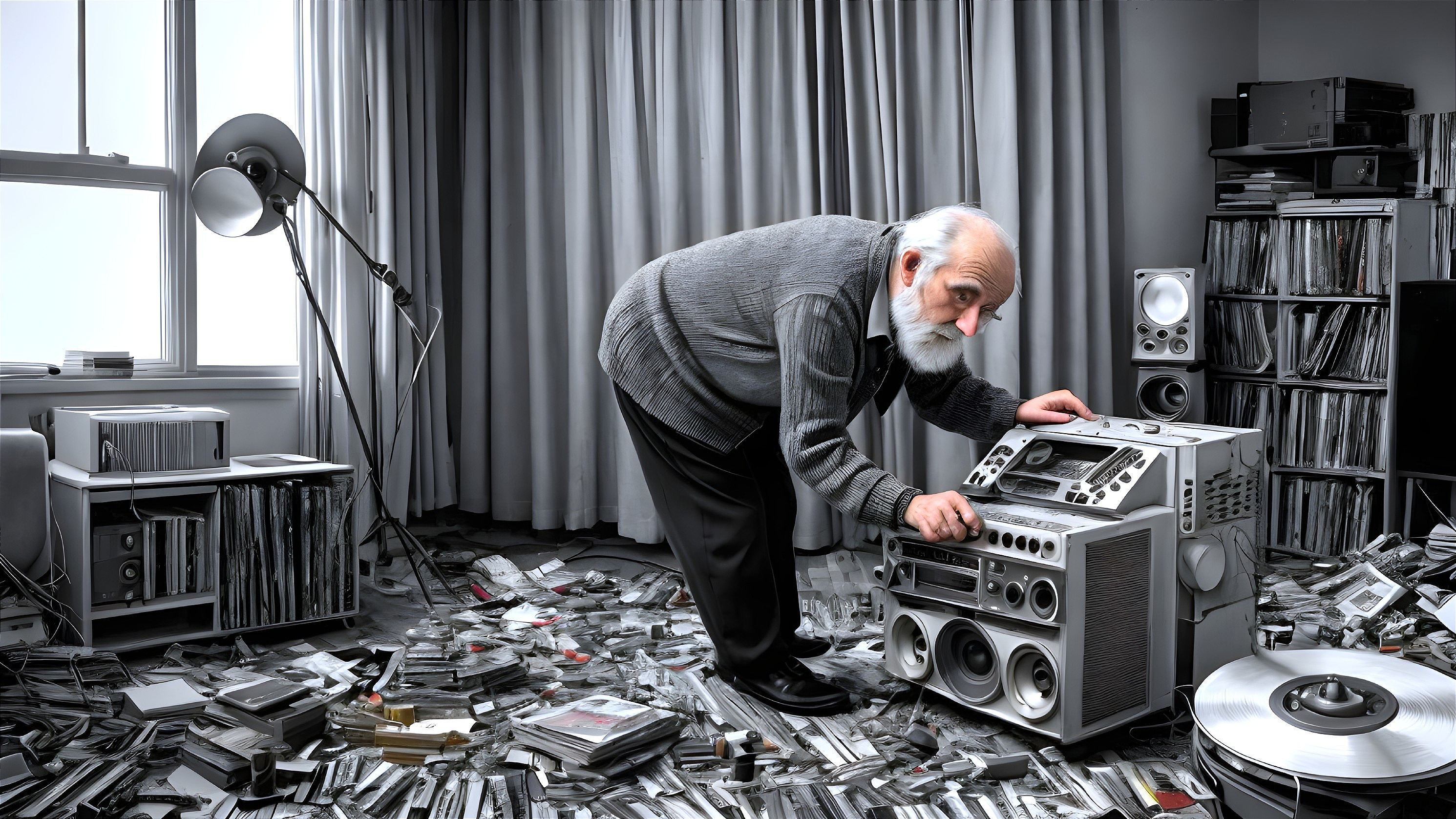 Elderly Man Adjusting Vintage Boombox in Cozy Living Room