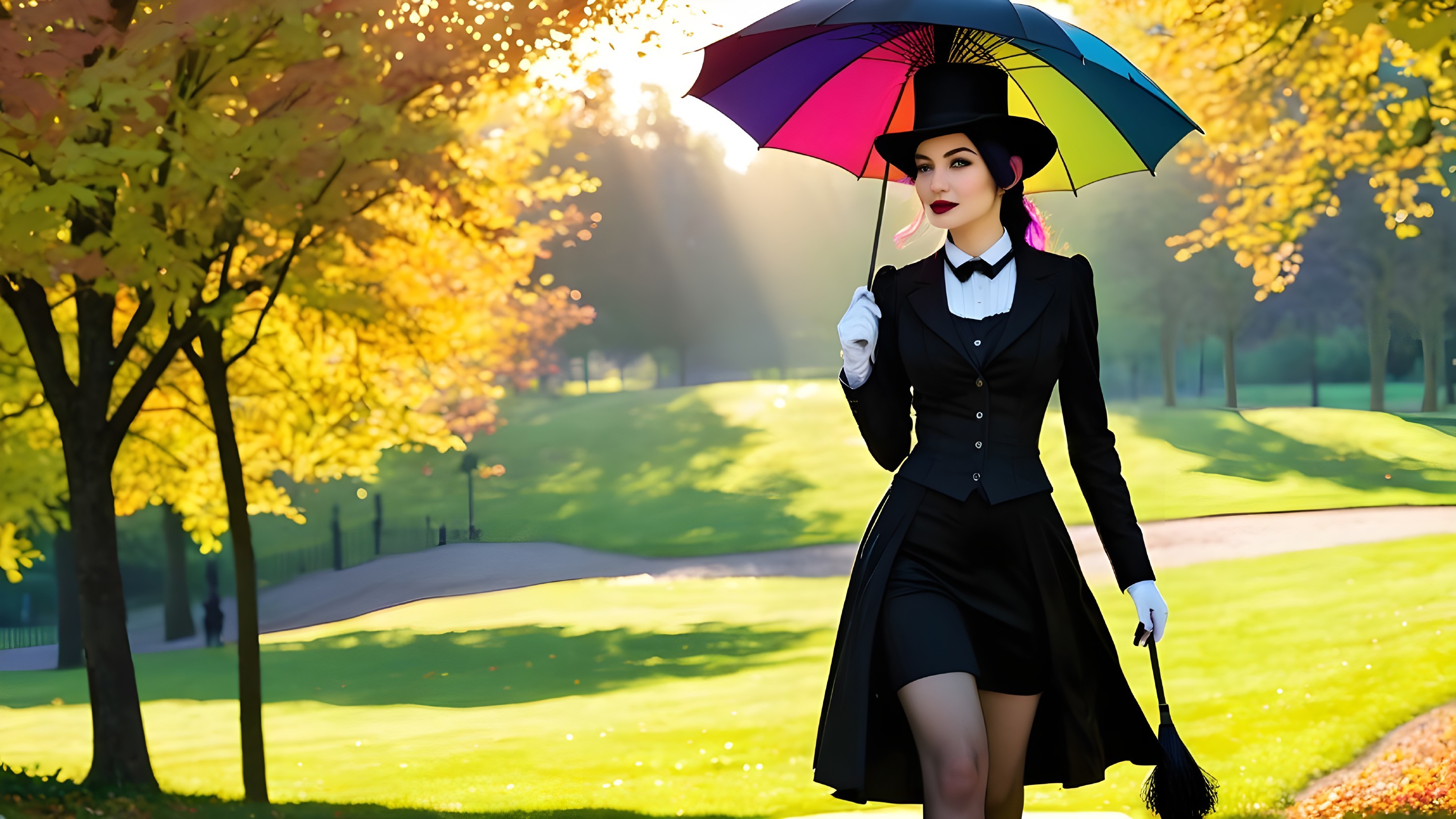 Elegant Woman in Tuxedo with Multicolored Umbrella