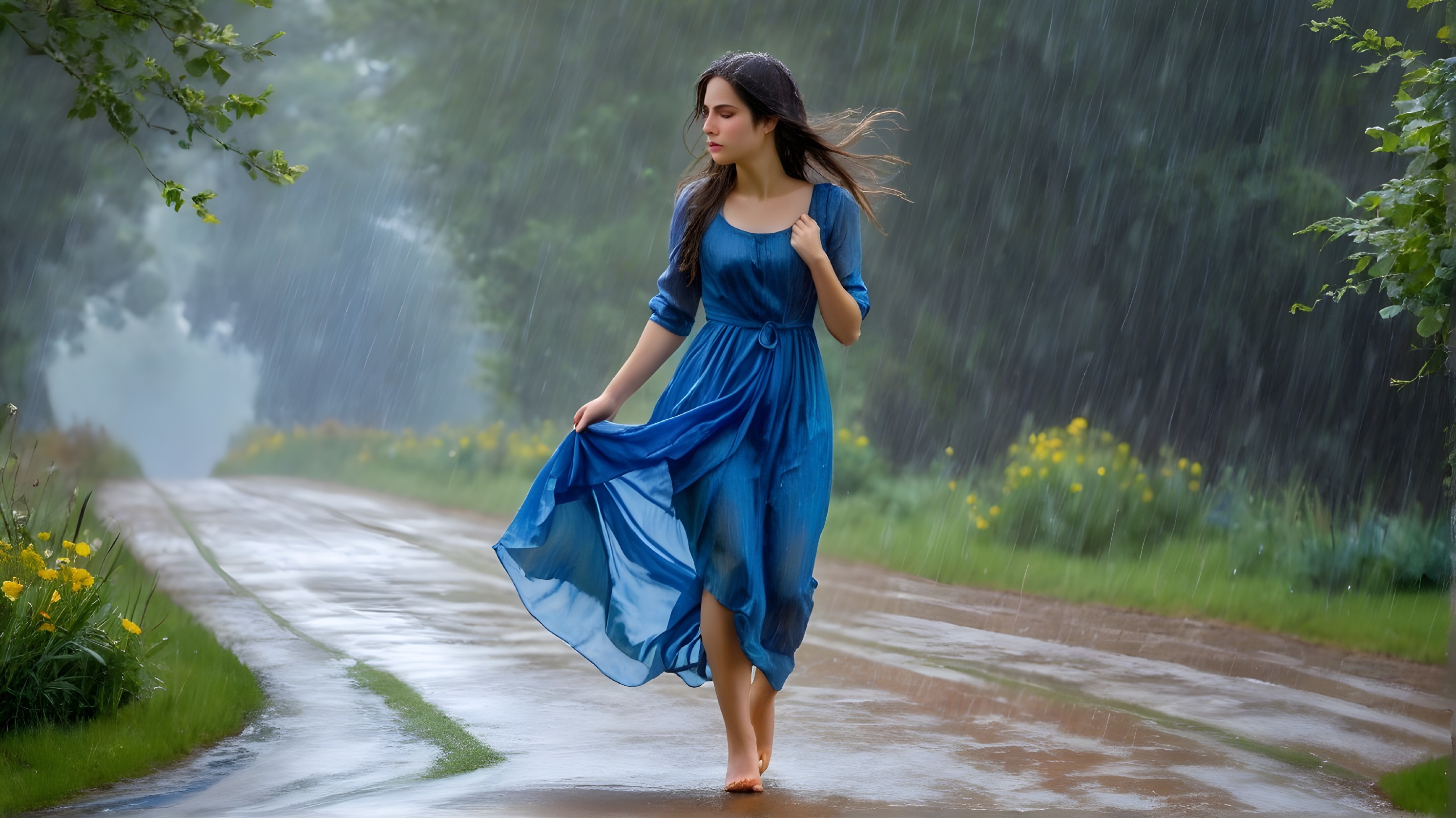 Woman in Blue Dress Walking on Rain-Soaked Path