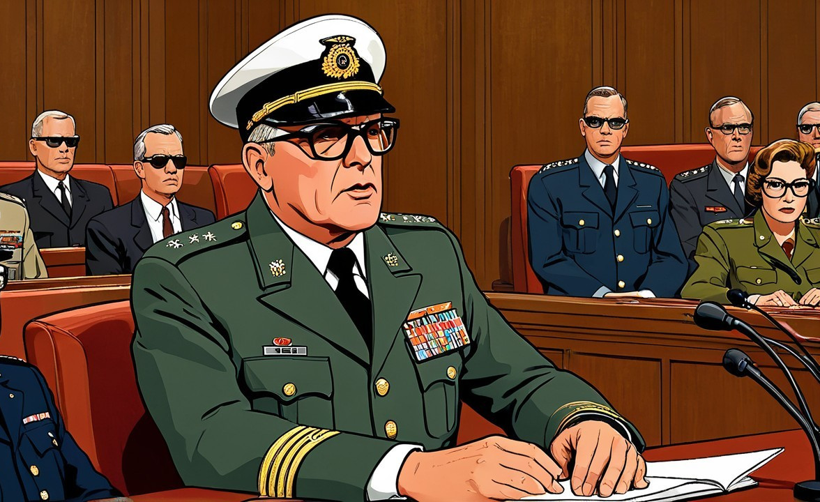 Military Officer in Courtroom Setting with Officials