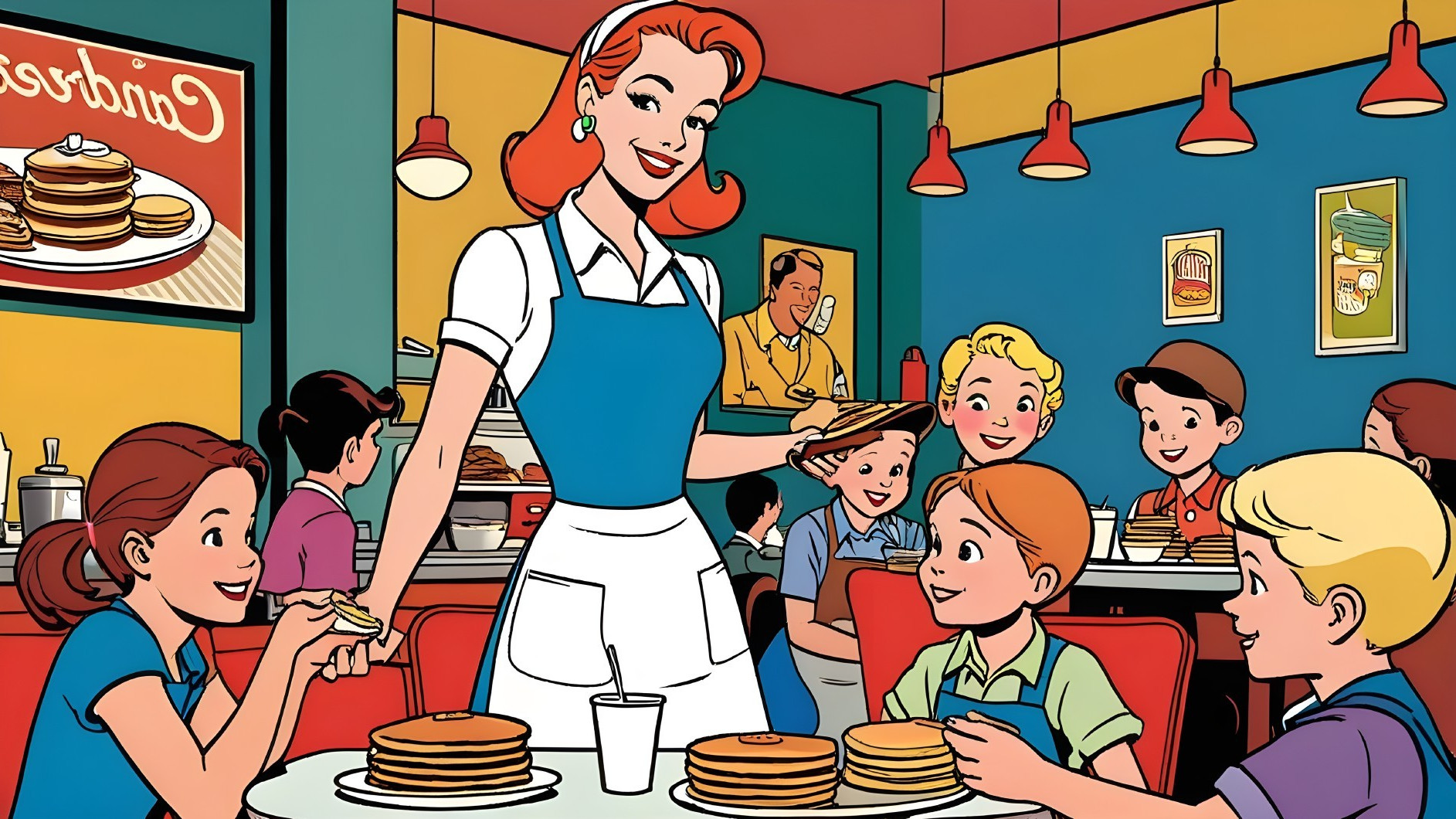 Cheerful Diner Scene with Waitress and Happy Children