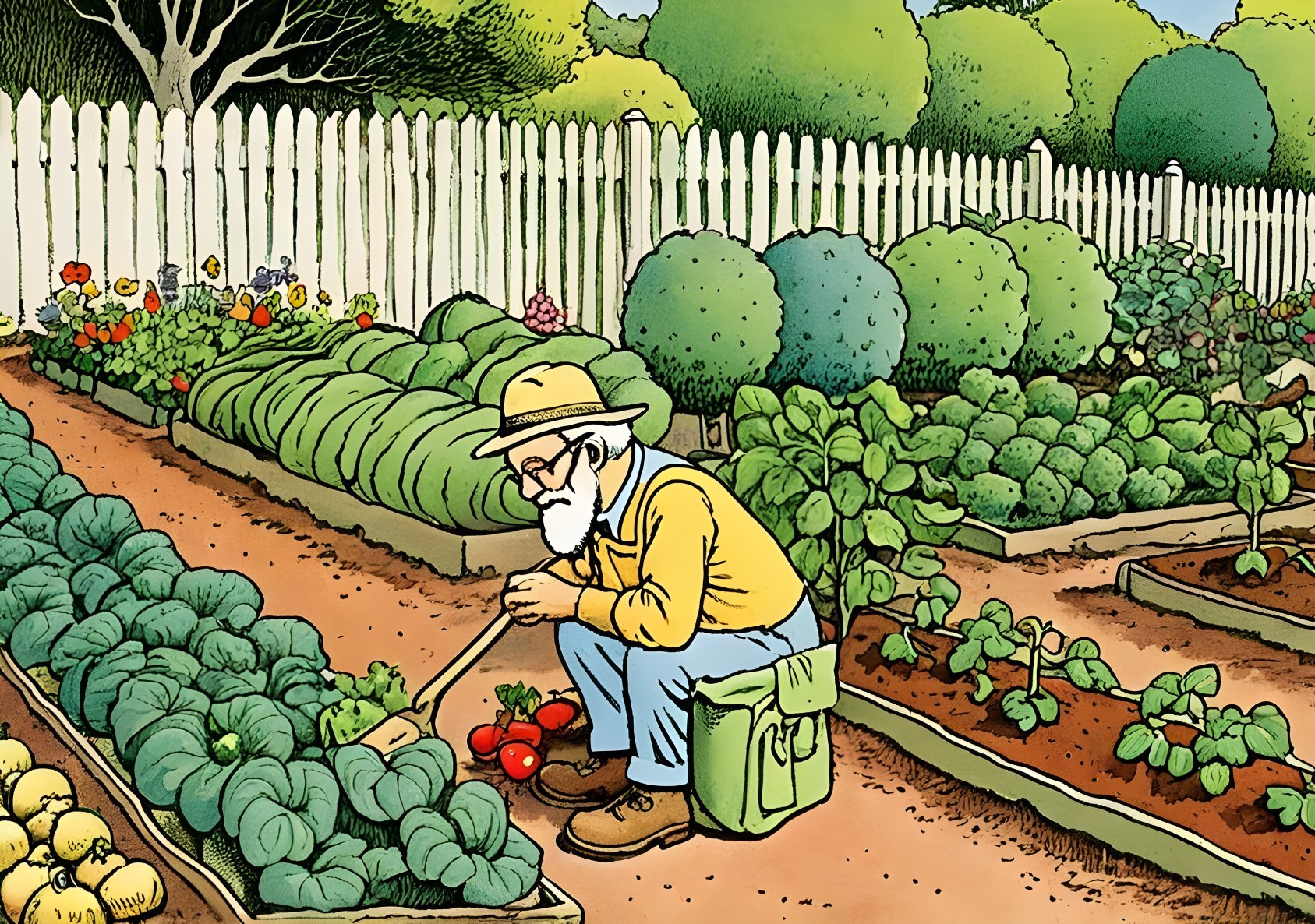 Elderly Man Tending to a Lush Vegetable Garden