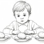 Solemn Young Boy Seated at Table with Plates