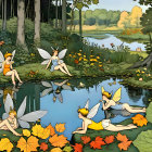 Whimsical Fairies Gather by Serene Forest Pond