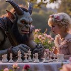 Orc and Fairy Play Chess in Enchanted Garden