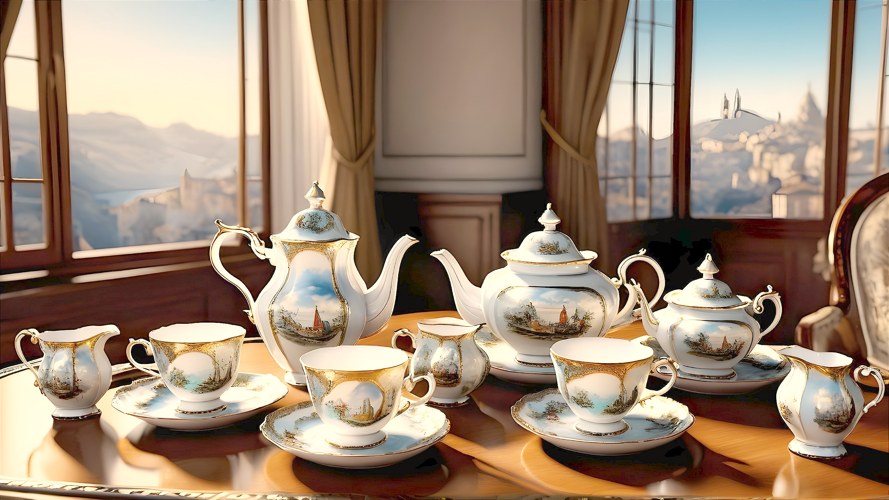 Elegant Porcelain Tea Set on Wooden Table with Views