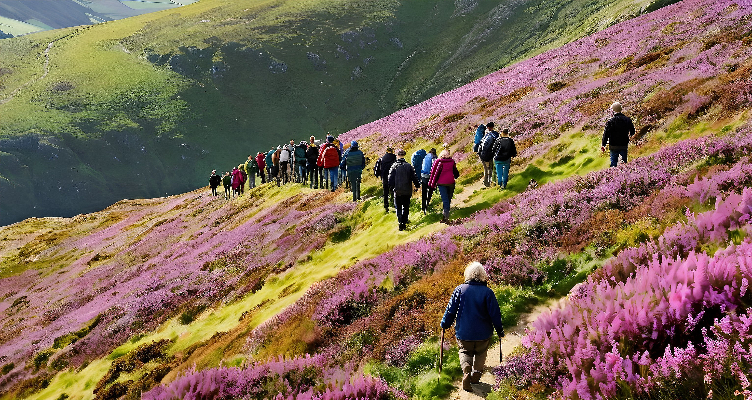 Hikers on a hillside with blooming purple heather