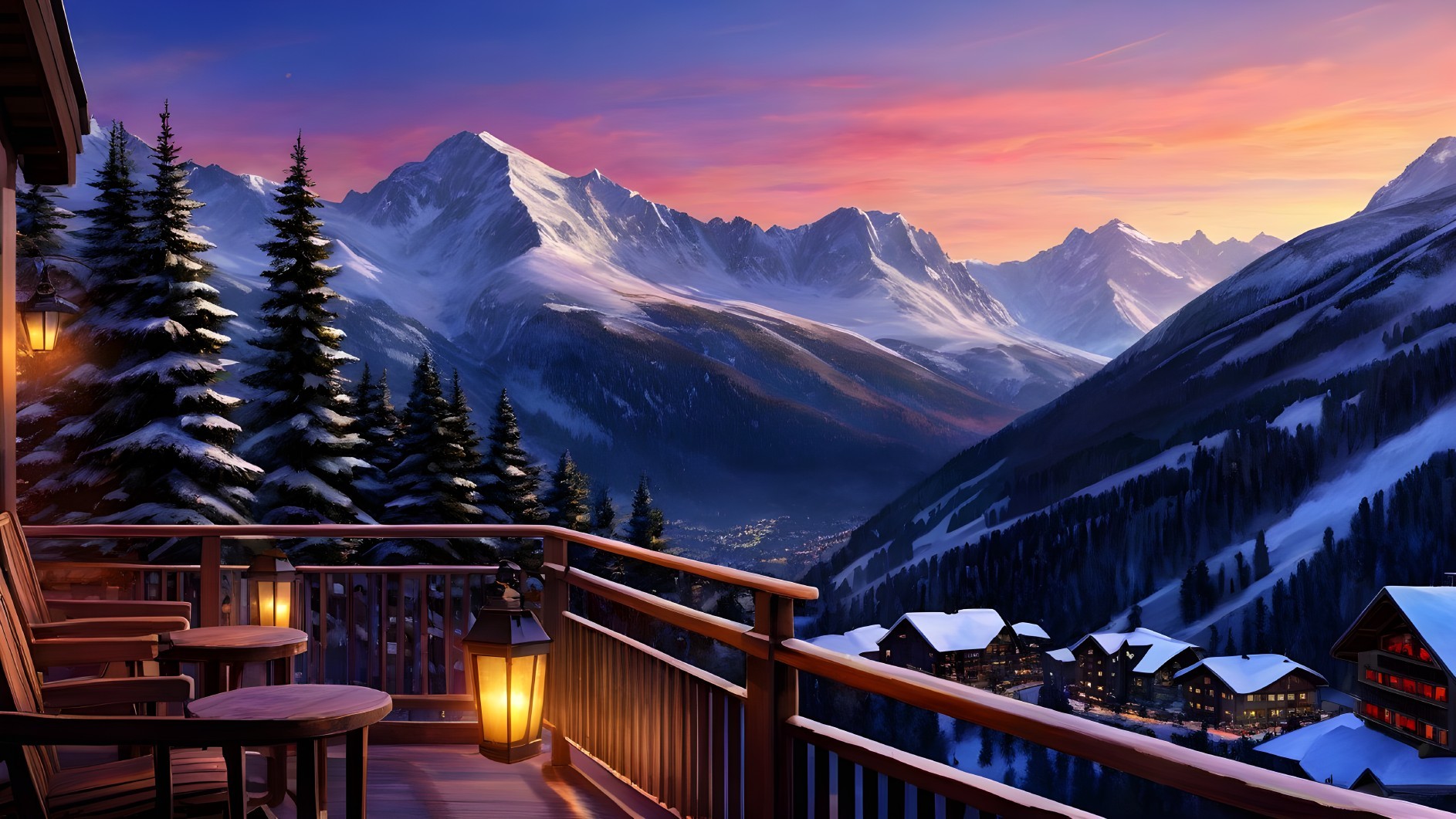 Mountain Landscape at Dusk with Snow-Capped Peaks