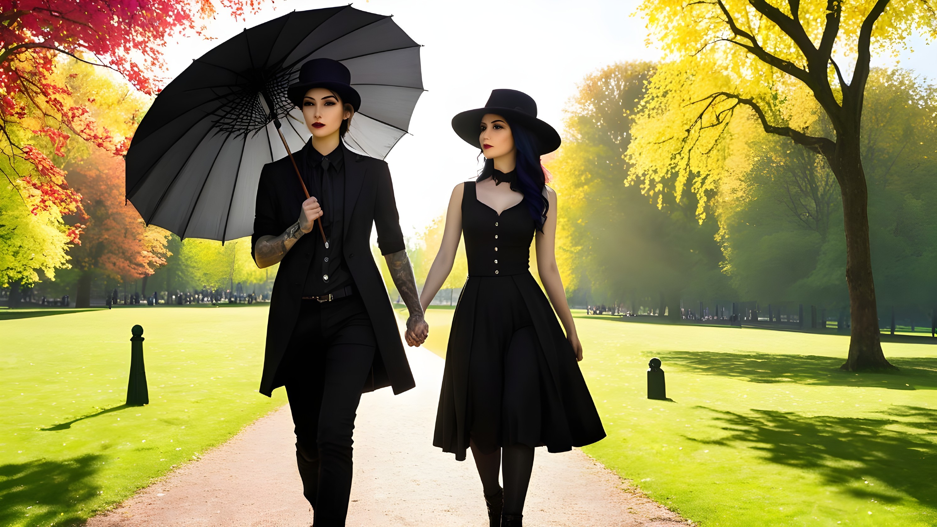Elegant Black Outfits in Vibrant Autumn Park Setting