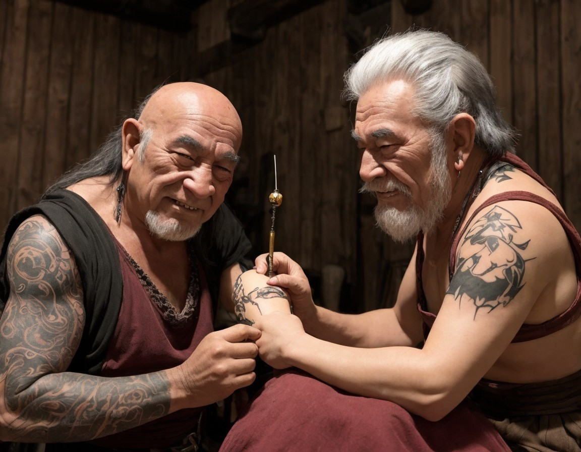 Elderly Men with Tattoos in Rustic Wooden Room