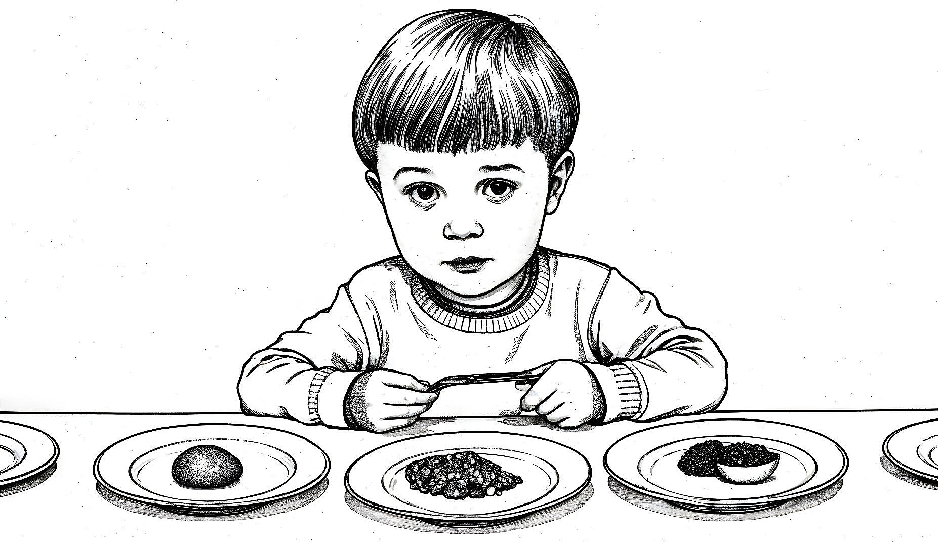 Solemn Young Boy Seated at Table with Plates