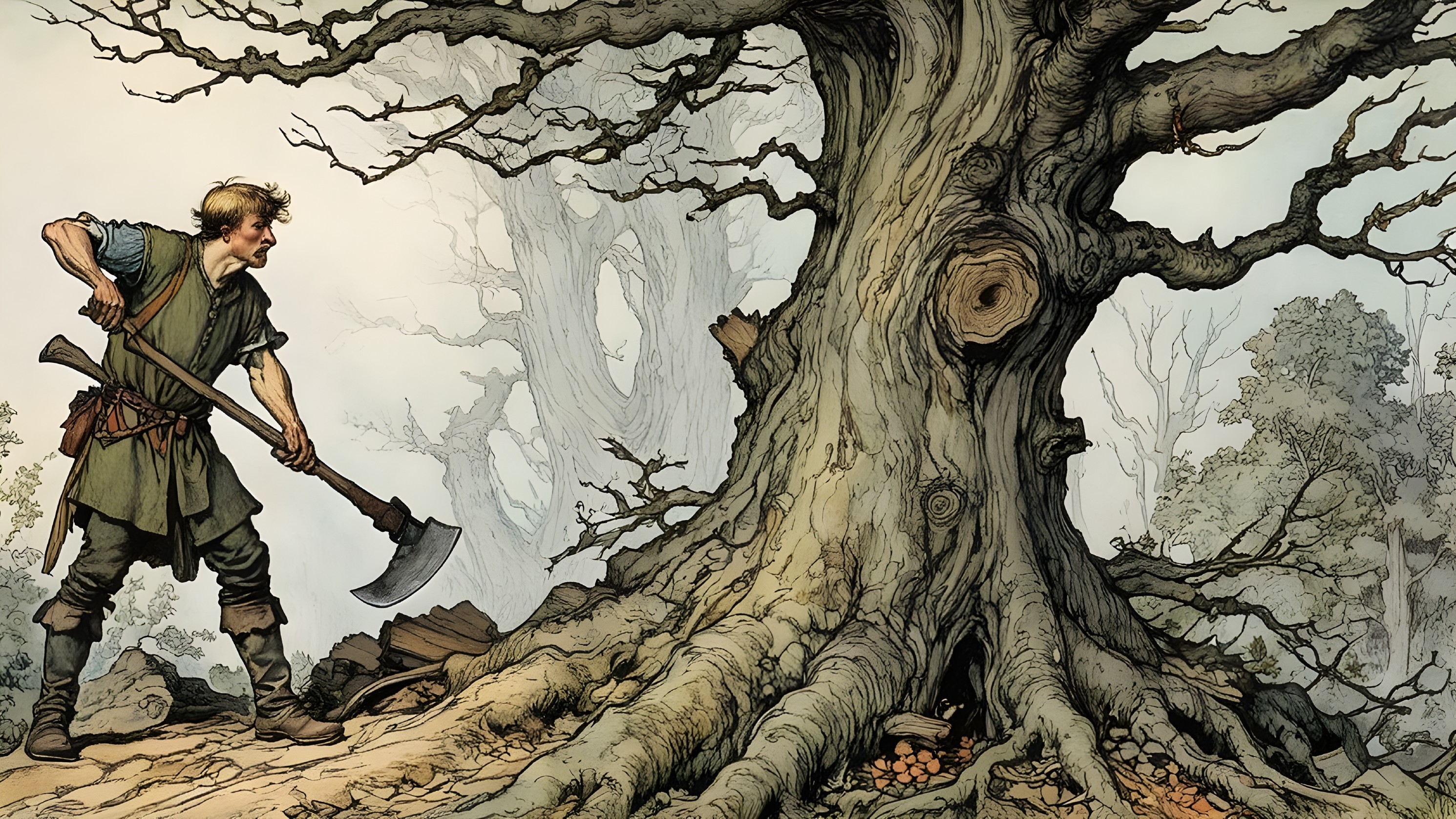 Young Woodcutter and Gnarled Tree in Nature Scene