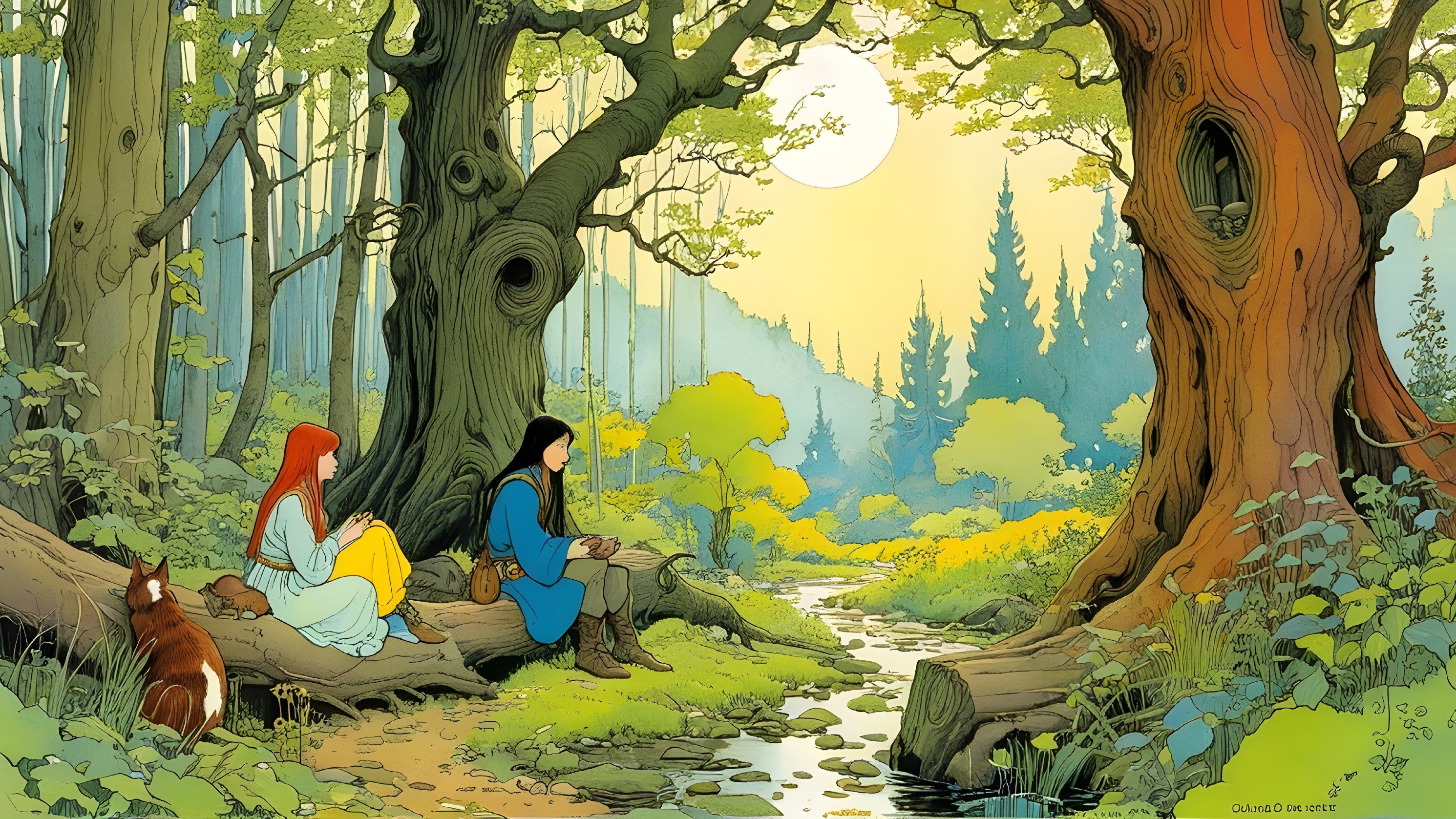 Serene Forest Scene with Characters by a Stream