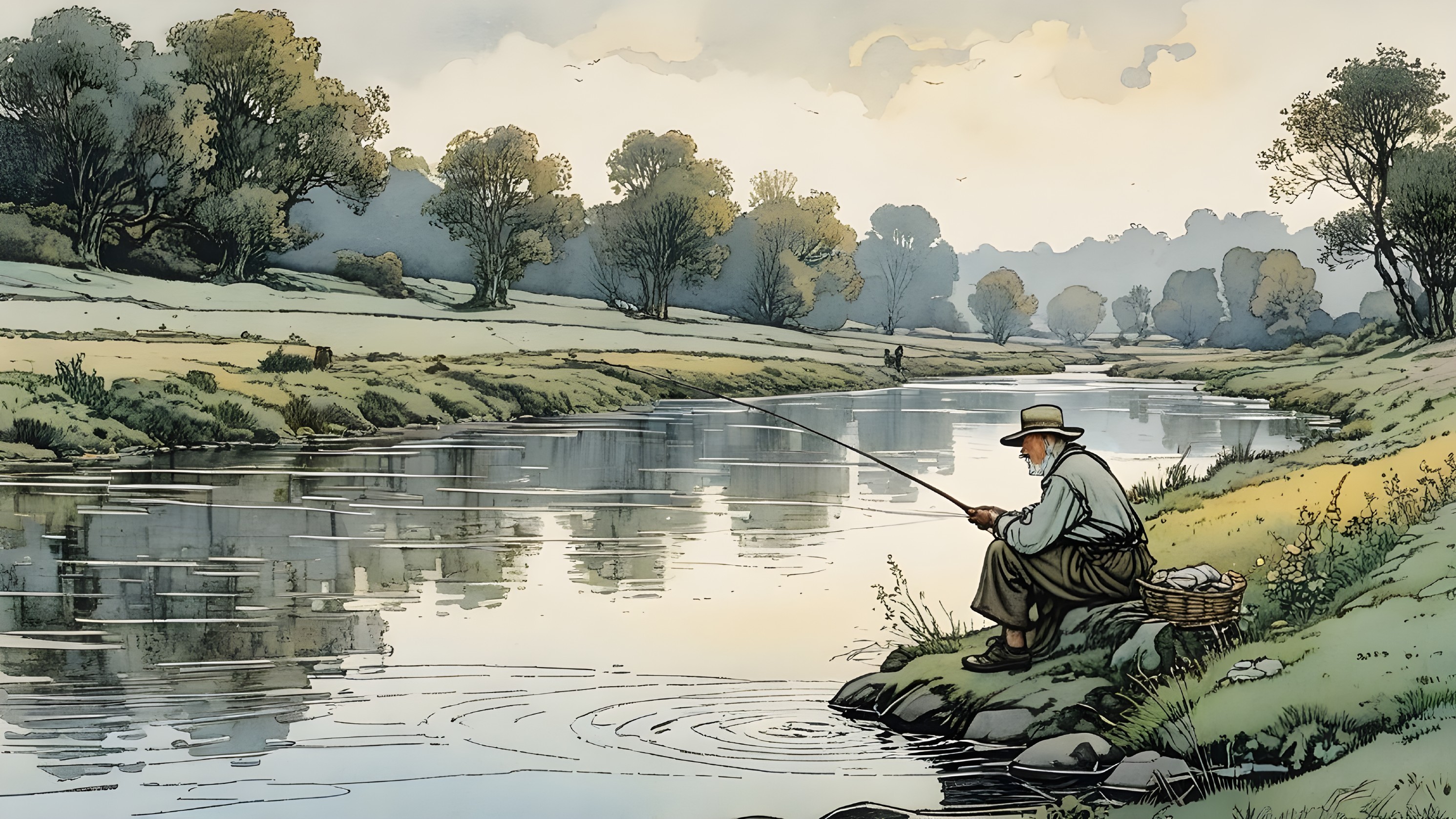Elderly Fisherman by Serene Riverside with Lush Trees