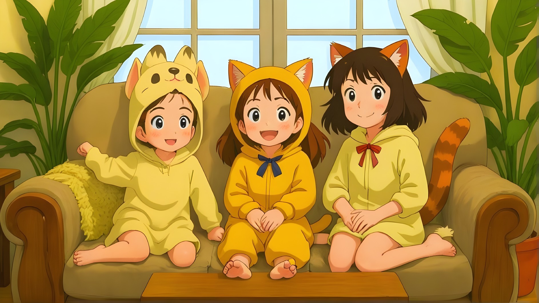Cheerful Children in Animal-Themed Outfits on Sofa