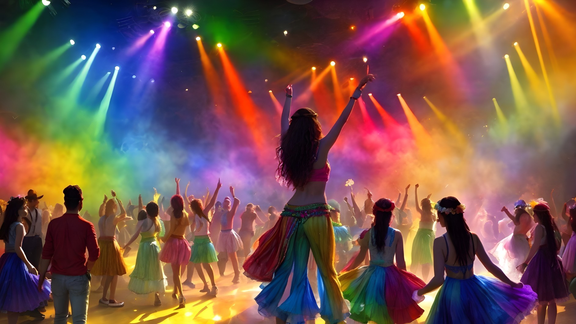 Vibrant Dance Party Scene with Colorful Lights and Smoke