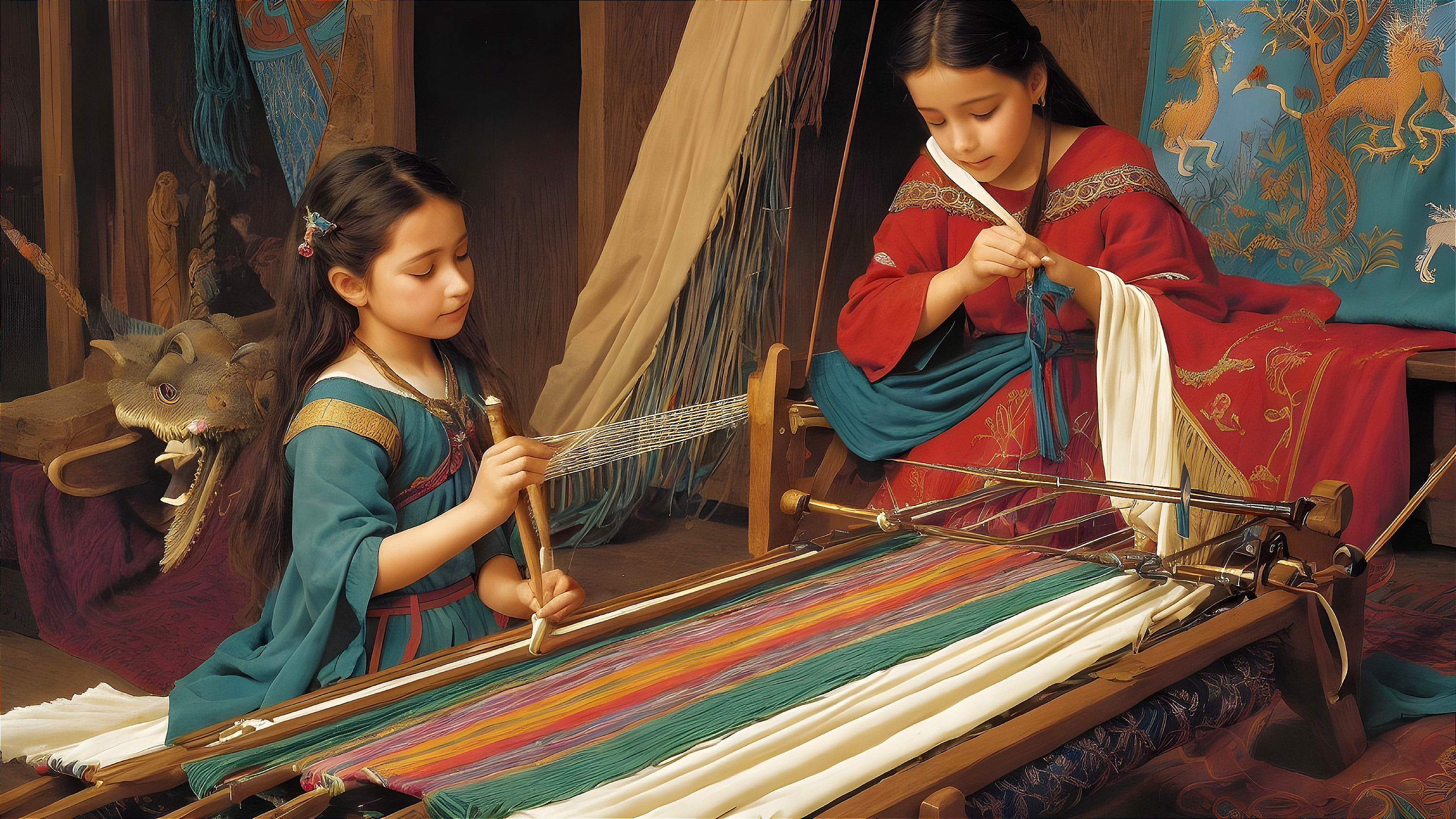 Traditional Weaving by Young Girls in Historic Garments