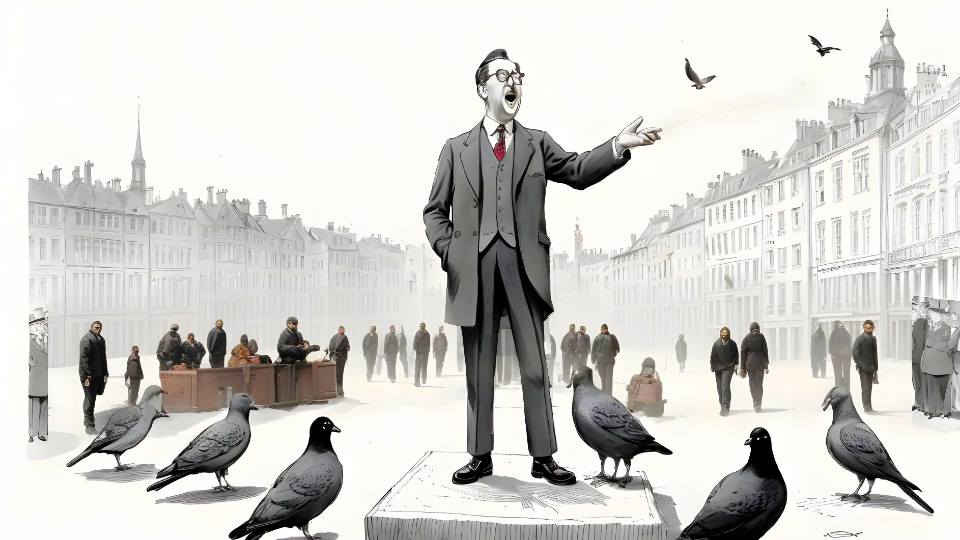 Man on Pedestal Speaking in Foggy Urban Square