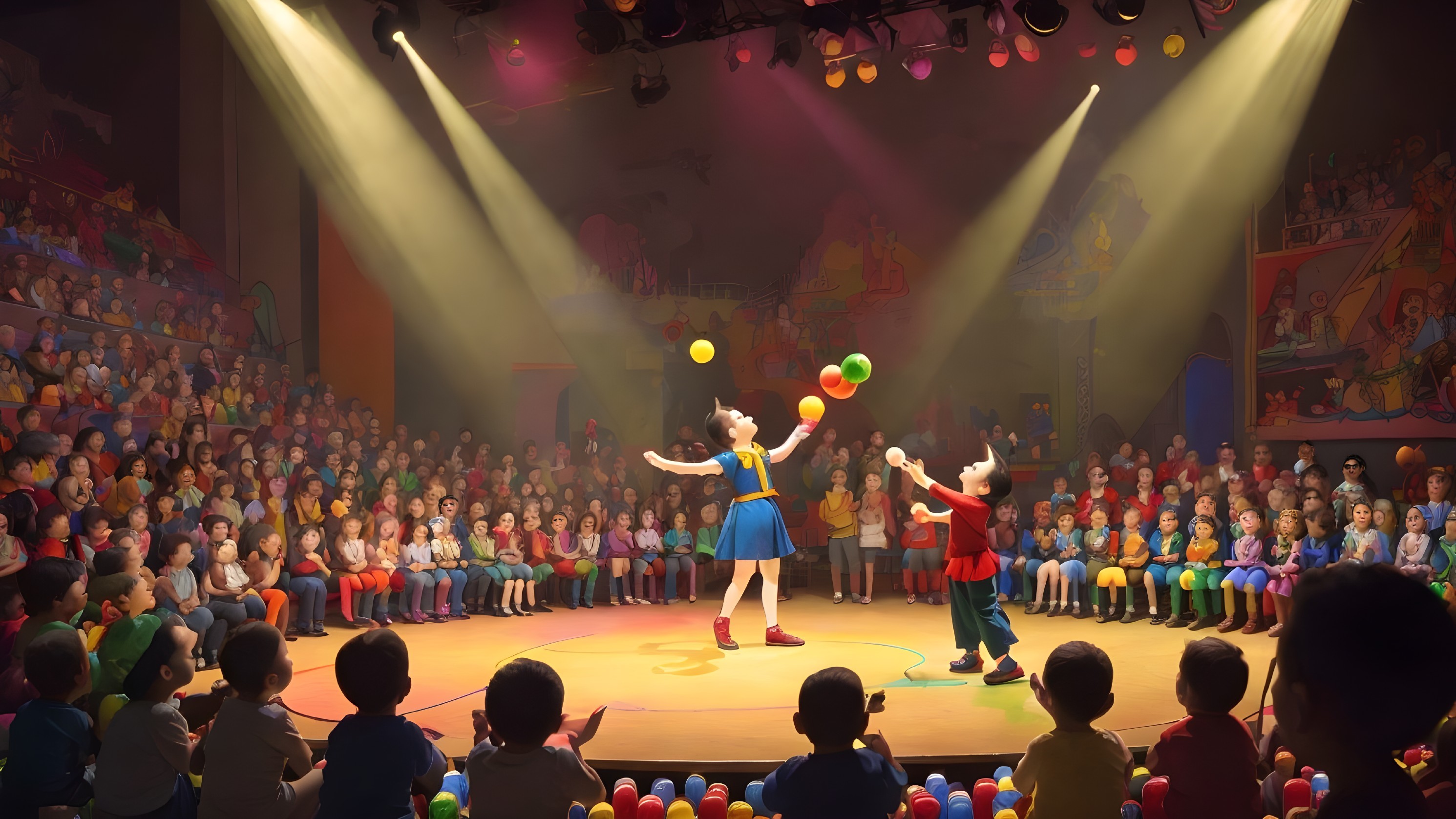 Circus Performers Juggling in Colorful Atmosphere