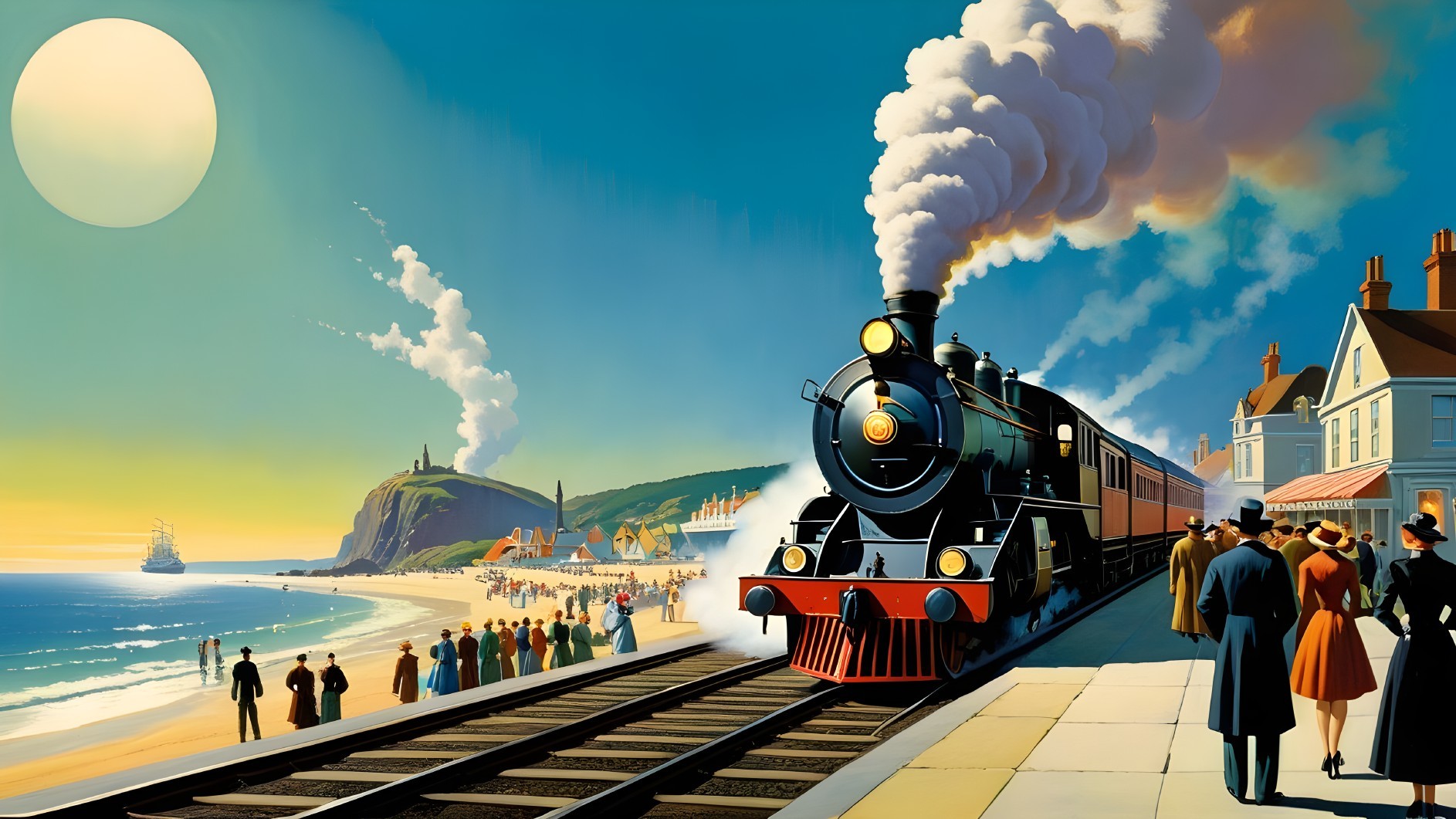 Steam Locomotive Approaching Coastal Town Scene